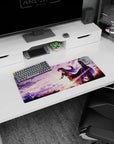 28x12 inches Sword Art Online Asuna mouse pad with confident pose, cape skirt, sunrise sky scene.
