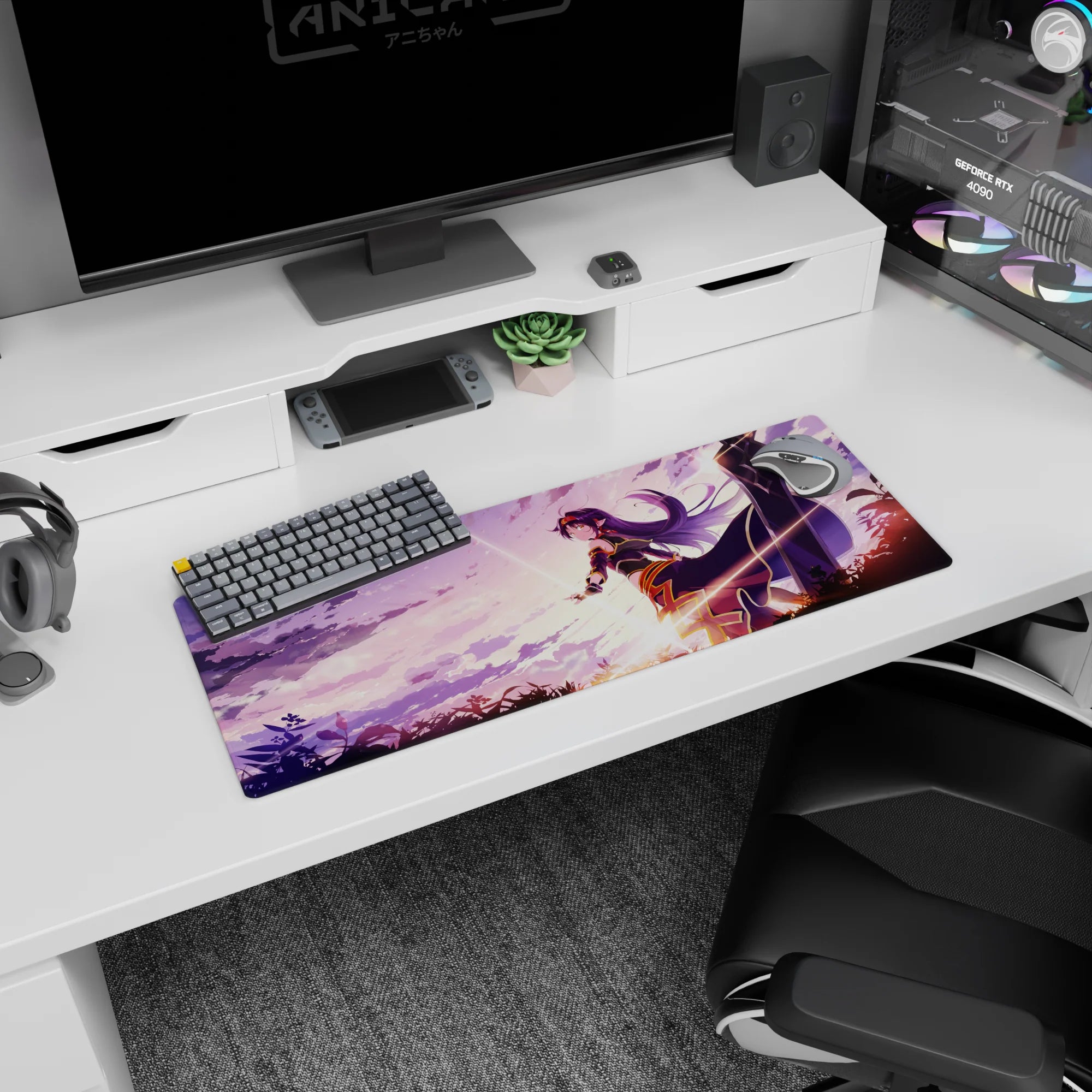 32x12 inches Sword Art Online Asuna mouse pad, confident pose against purple sky with sunrise glow.