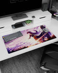 32x16 inches Sword Art Online Asuna mouse pad, confident pose in wind-swept cape skirt under dawn sky.