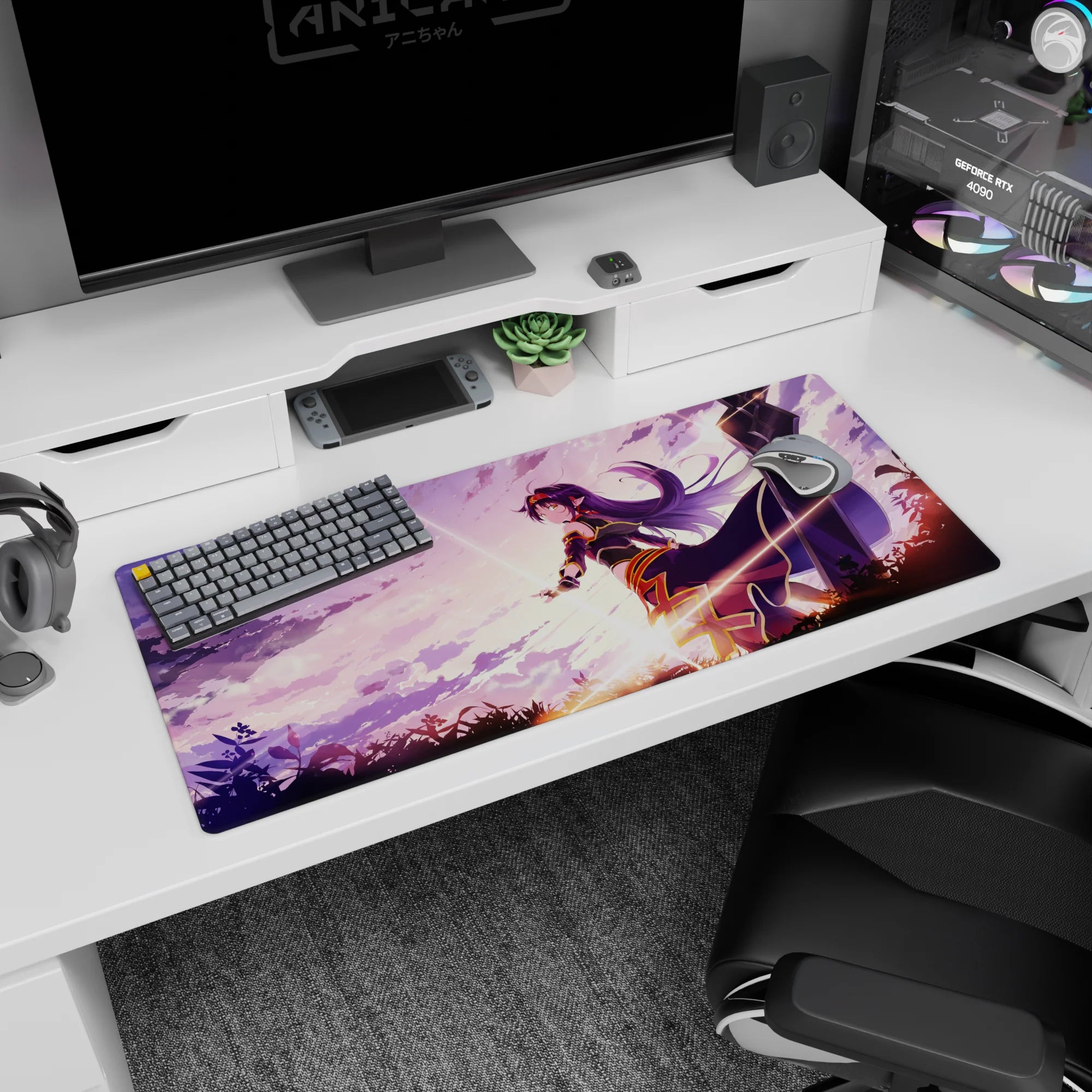 36x16 inches Sword Art Online desk pad featuring Yuuki Asuna with flowing hair and cape-like skirt at dawn.