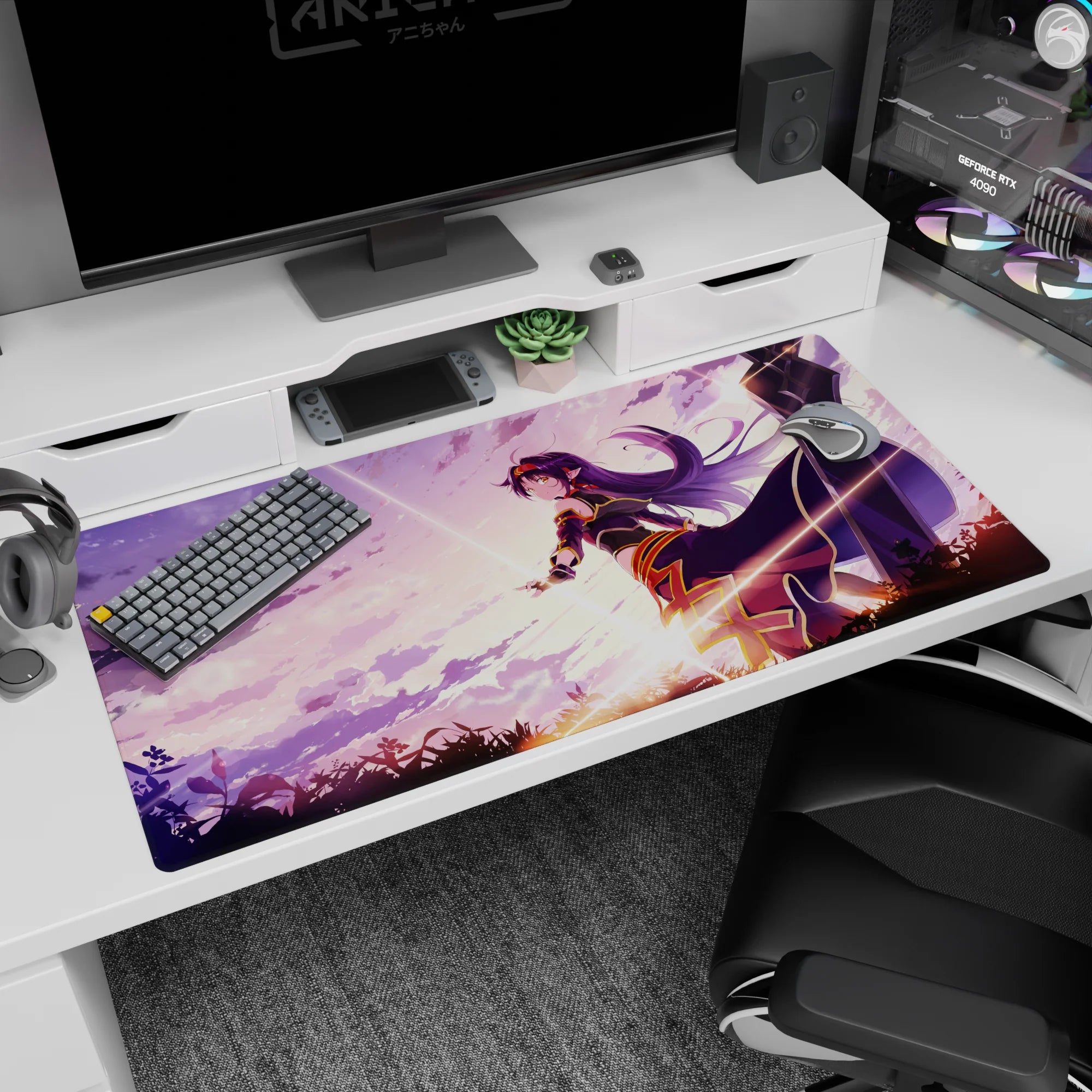 40x20 inches Sword Art Online Asuna desk pad, confident look against a purple sky with sparkles.