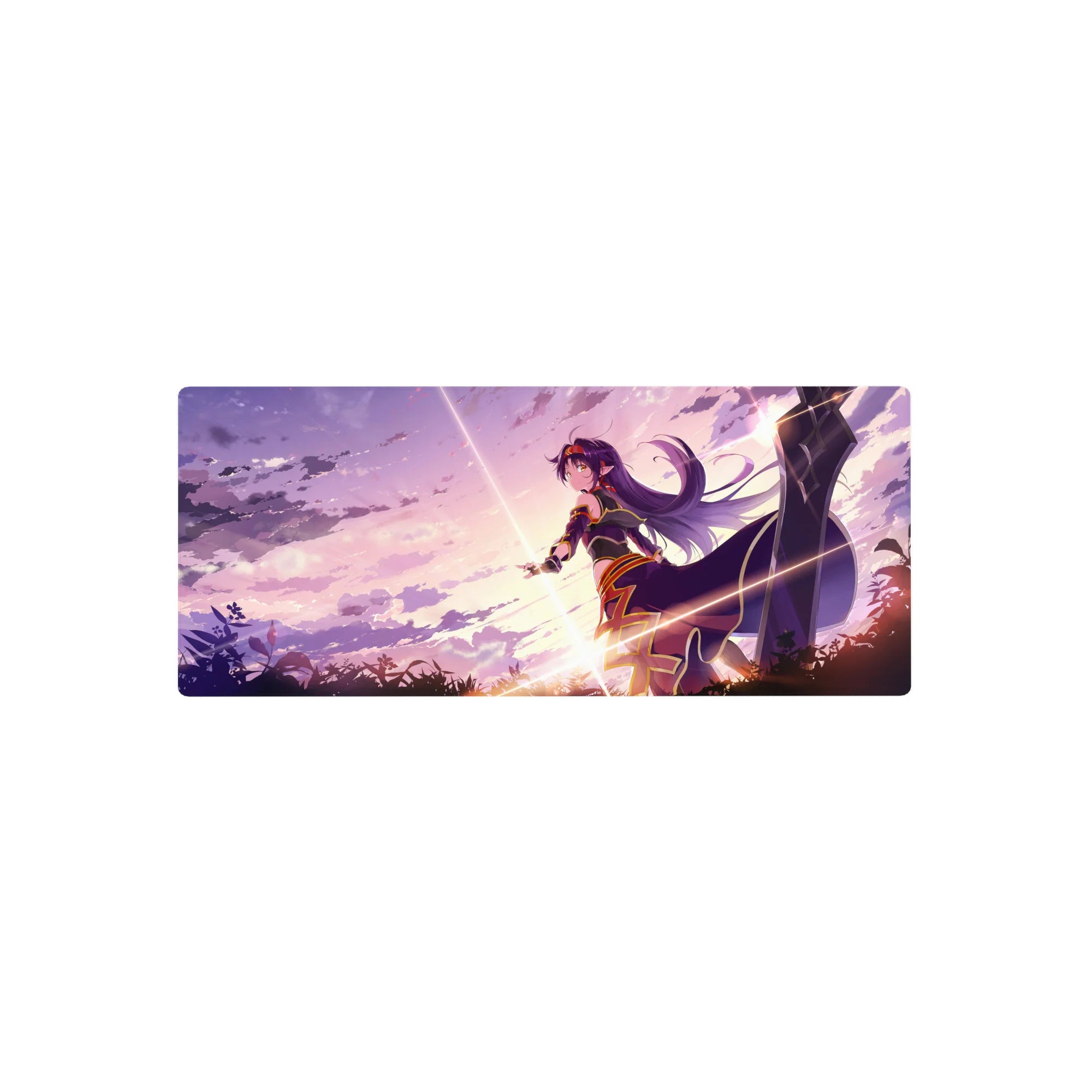 28x12 inches anime girl mouse pad with dynamic heroine, flowing hair, clean bold trims, sparkles.