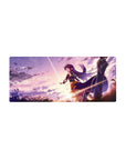 28x12 inches anime girl mouse pad with dynamic heroine, flowing hair, clean bold trims, sparkles.
