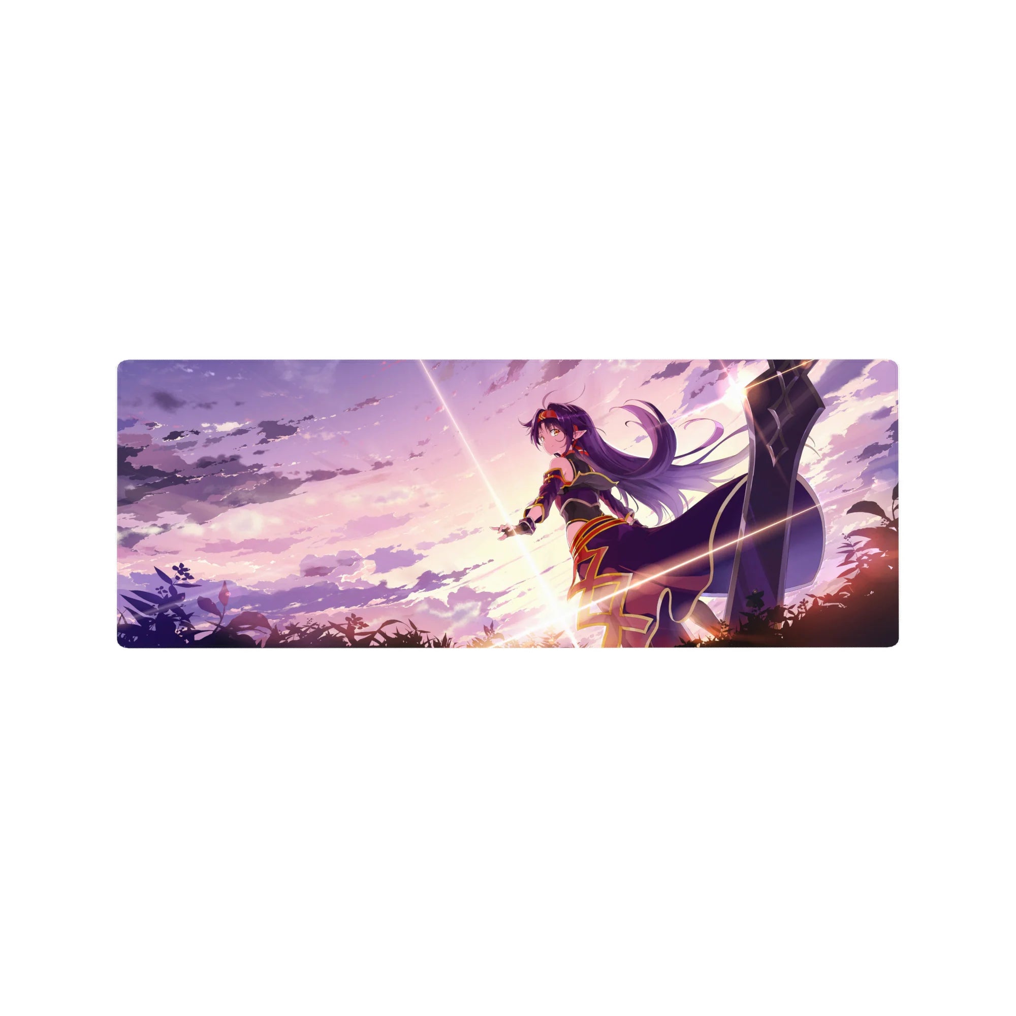 32x12 inches anime girl mouse pad with heroic Asuna-style figure, flowing hair, clean lines, sparkle.