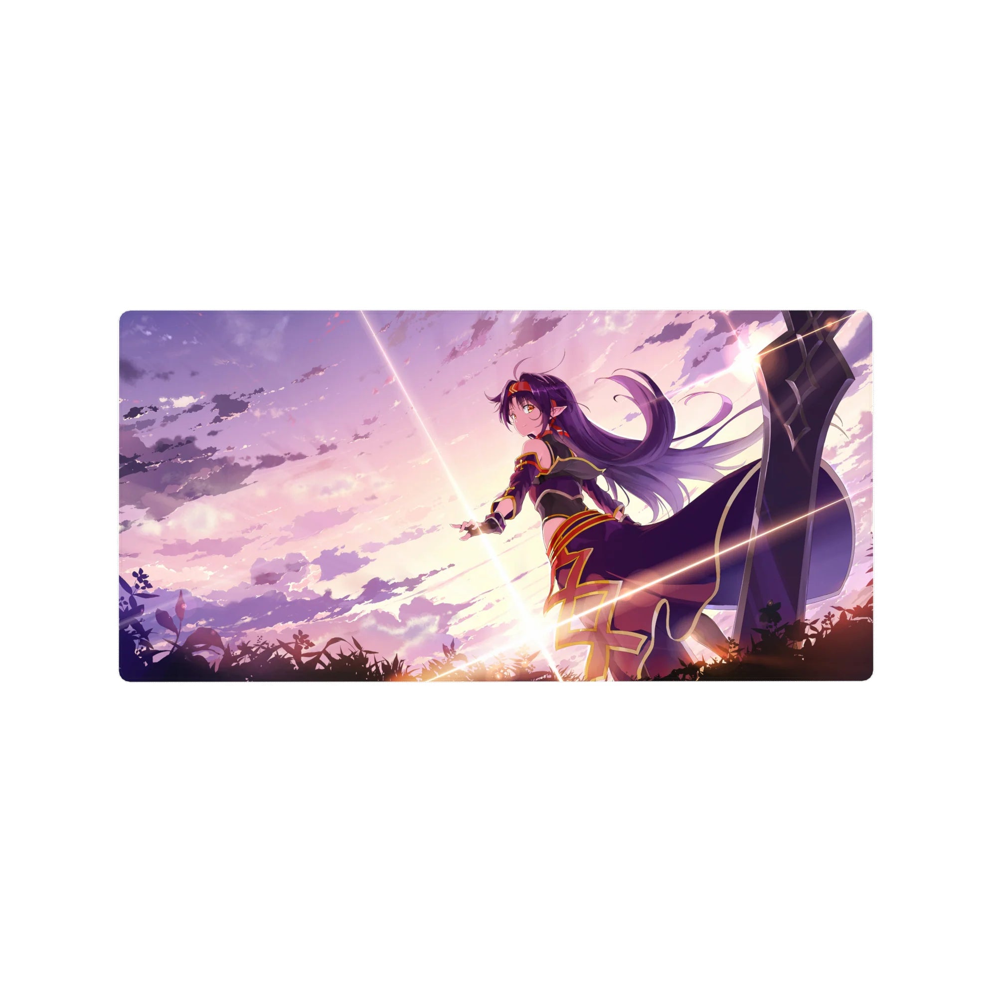 32x16 inches anime girl mouse pad with heroic Asuna vibe, flowing hair, clean bold trim, sky backdrop.