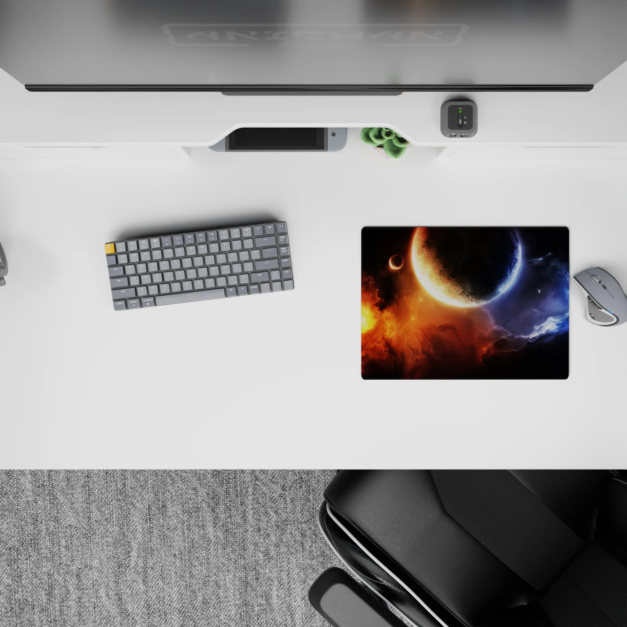 Moody 14x10 inches mouse pad in midnight blacks, blazing orange glow, and icy blue smoky accents.