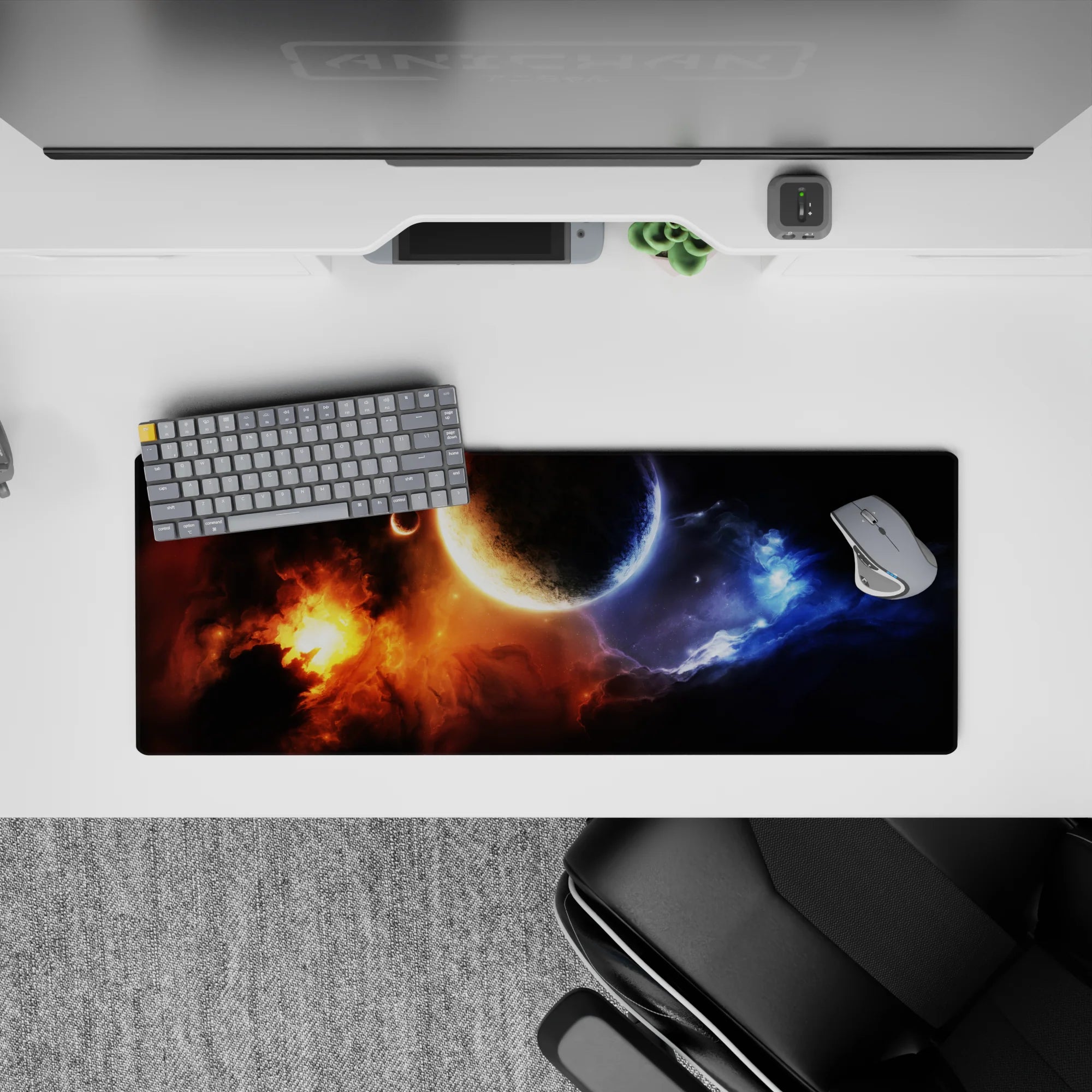 Midnight black 32x12 inches mouse pad with blazing orange nebula and icy blue smoke, calm cosmic mood.