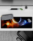 Midnight black 32x12 inches mouse pad with blazing orange nebula and icy blue smoke, calm cosmic mood.