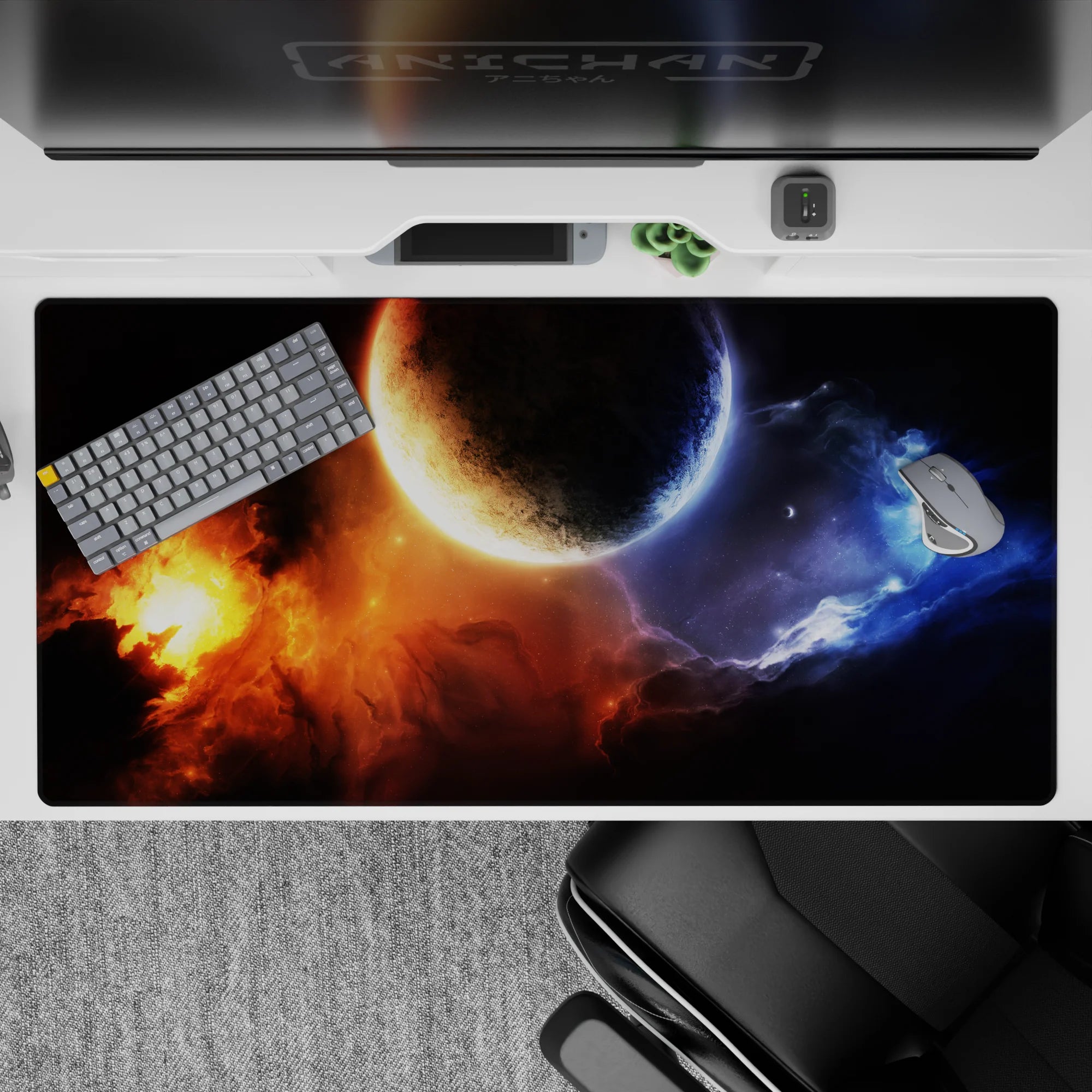Midnight black and blazing orange desk pad 40x20 inches with icy blue haze for a calm cosmic mood.