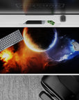 Midnight black and blazing orange desk pad 40x20 inches with icy blue haze for a calm cosmic mood.