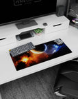 Cratered planet scene mouse pad 28x12 inches surrounded by orange nebula and drifting blue haze.