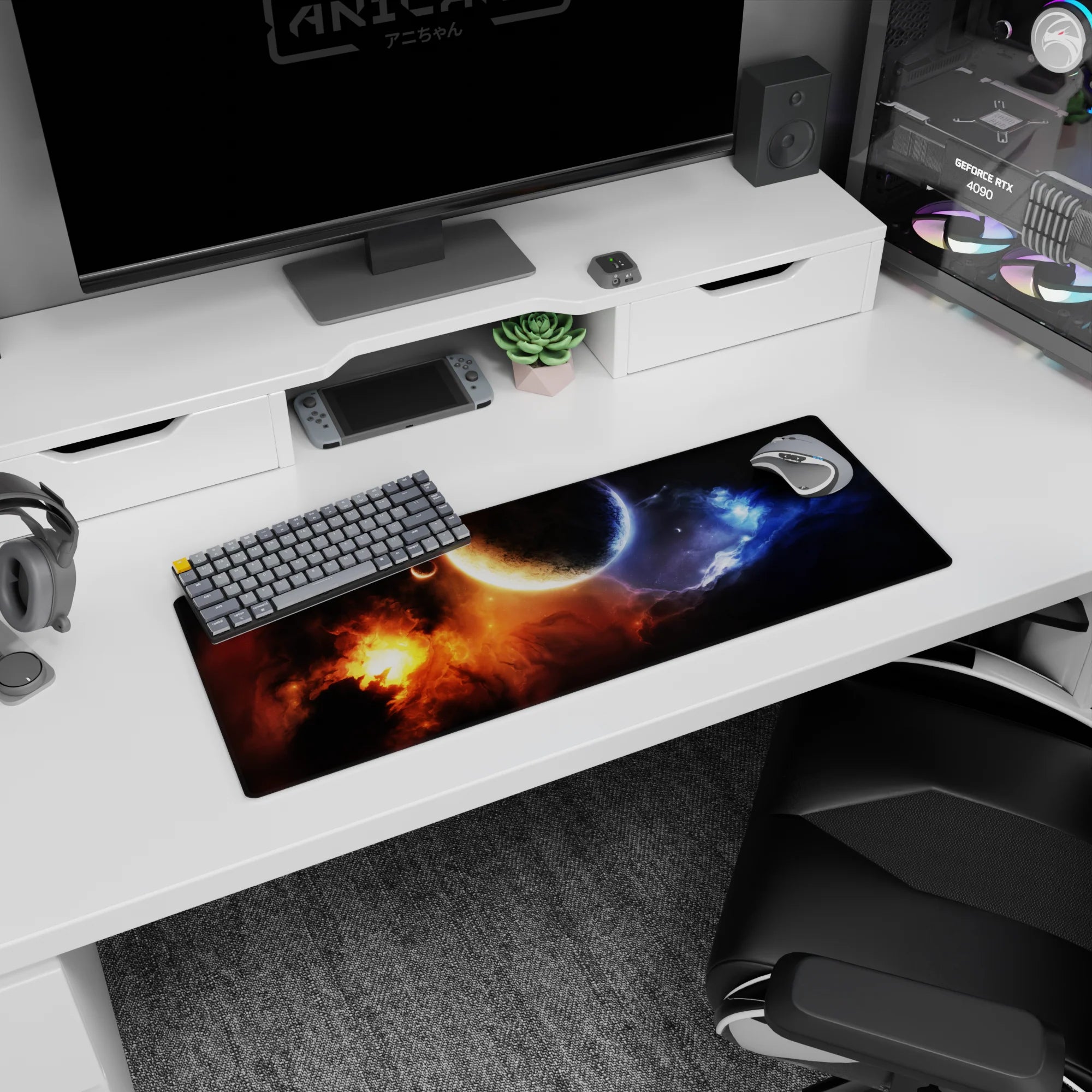 Cratered planet scene 32x12 inches extended mouse pad with orange nebula blaze and drifting blue haze.