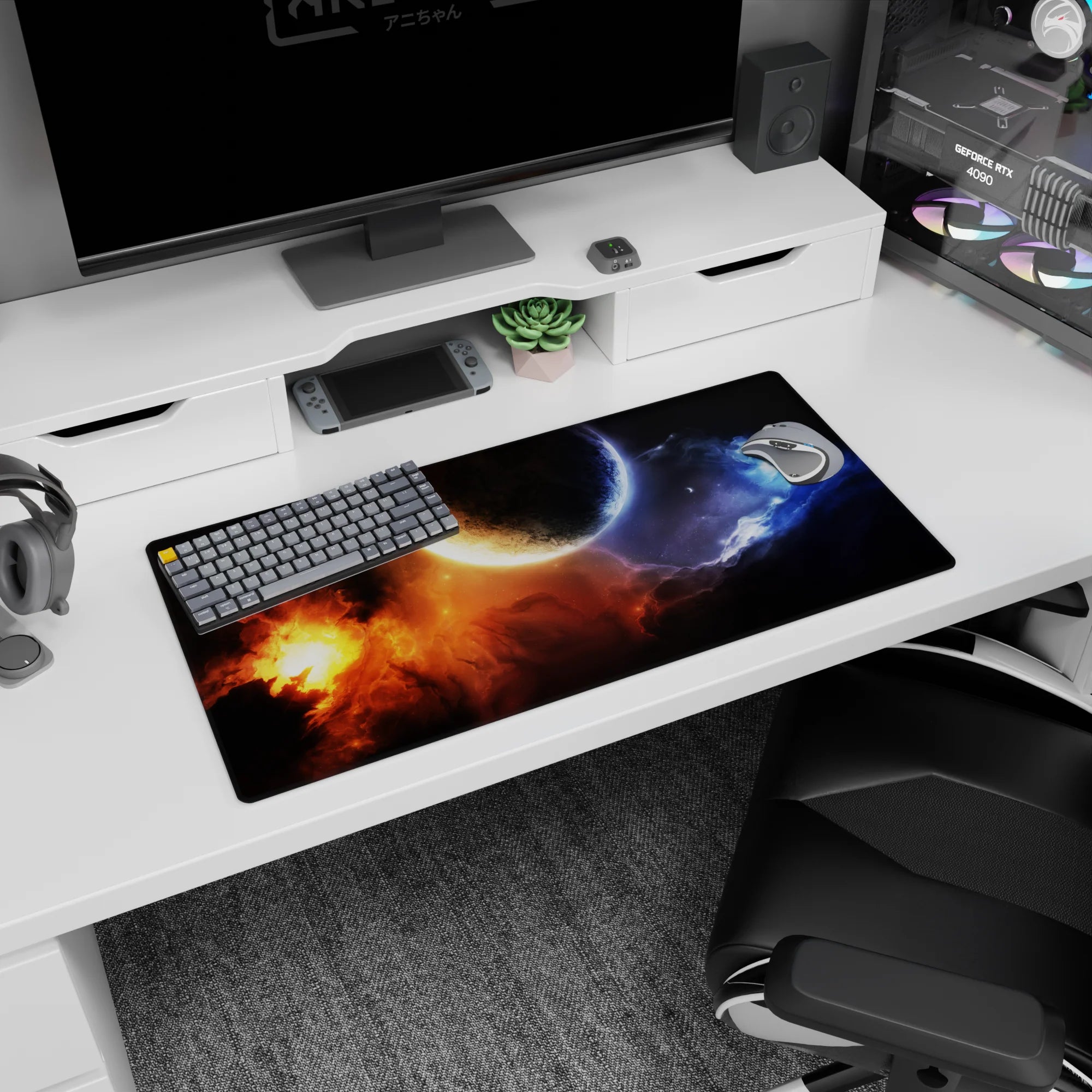 Cratered planet scene mouse pad 32x16 inches with orange nebula flare and drifting blue smoke.