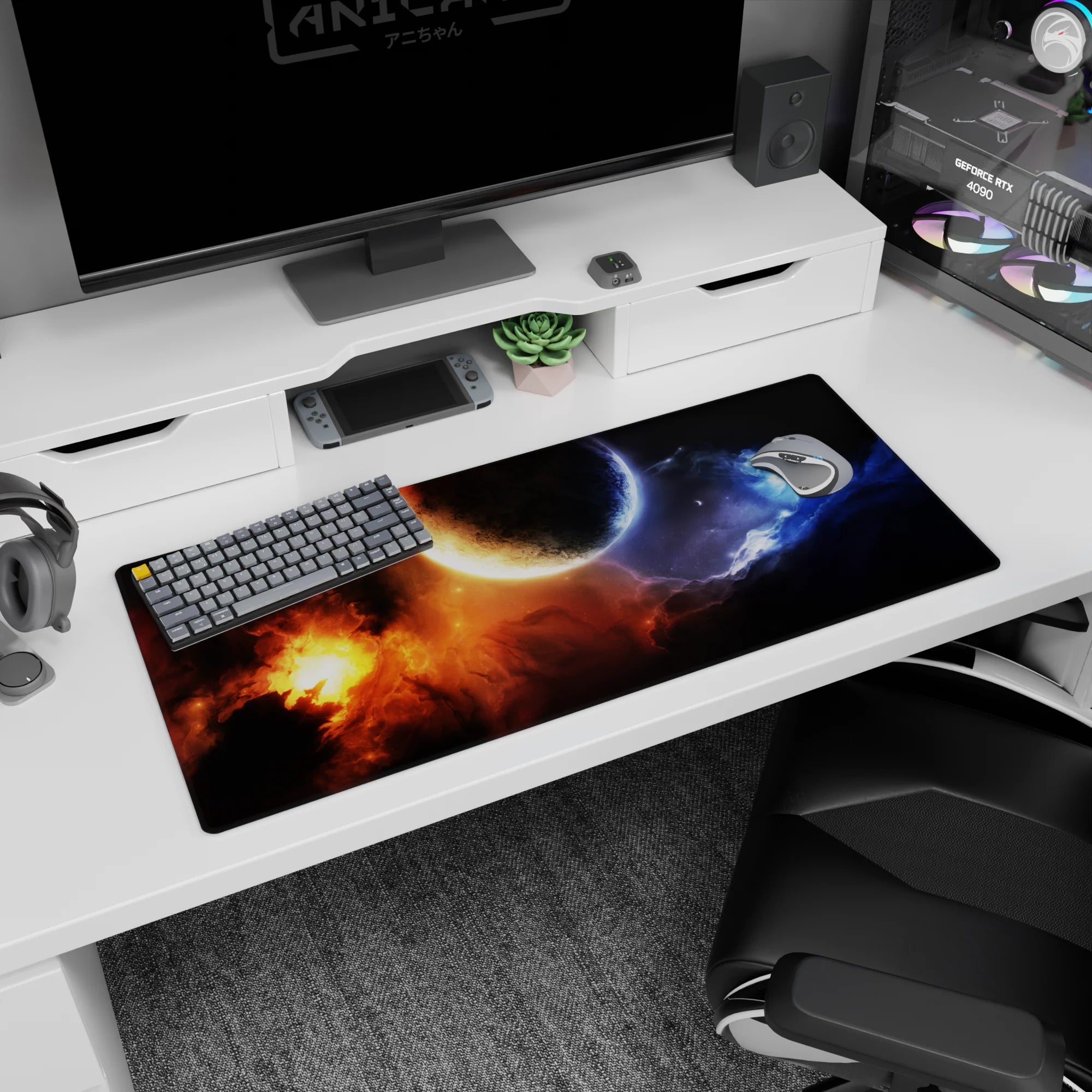 Cratered planet scene desk pad 36x16 inches with orange nebula burst and drifting blue haze on black.