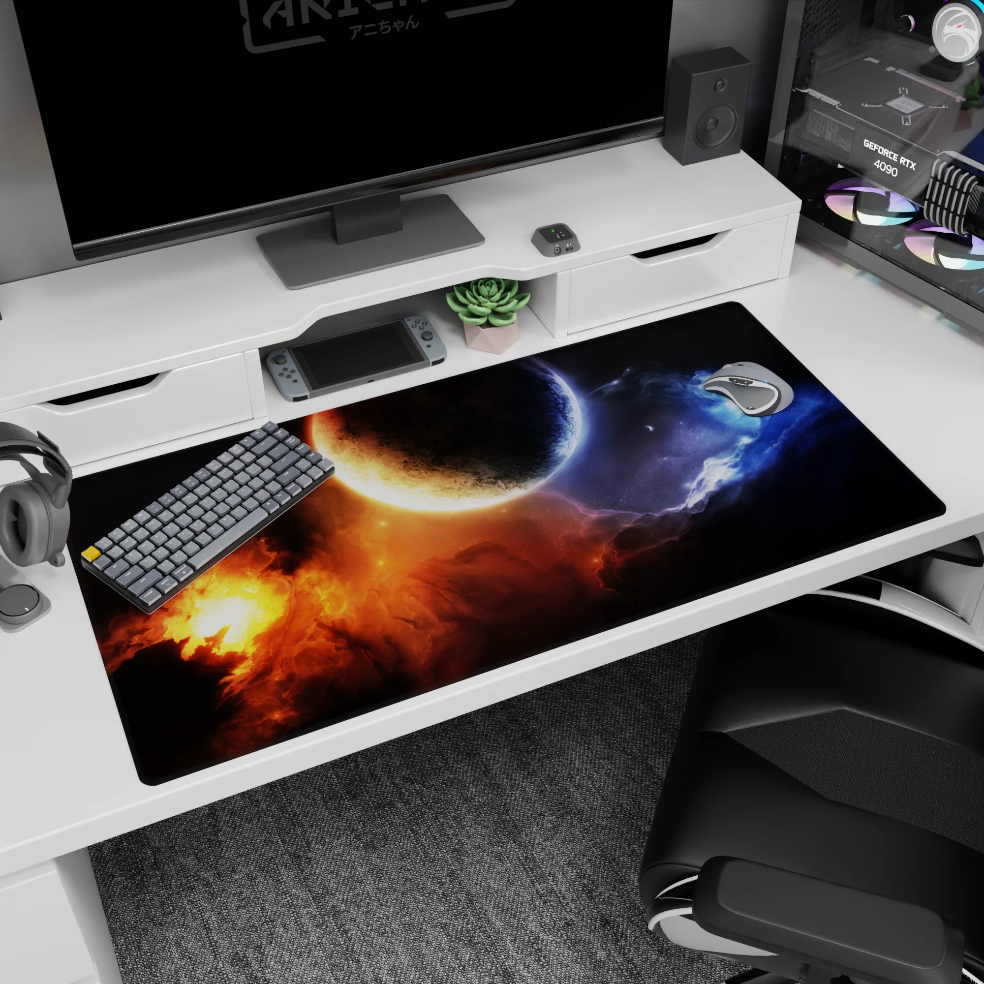 Cratered planet scene desk pad 40x20 inches with glowing orange nebula and smoky blue drift.