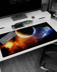 Cratered planet scene desk pad 40x20 inches with glowing orange nebula and smoky blue drift.