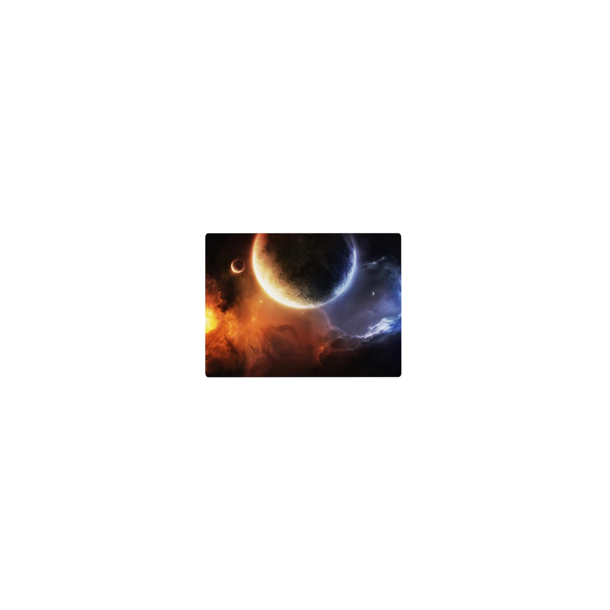 Classic 14x10 inches mouse pad with cosmic nebula swirl and cratered planet design for desk setup.