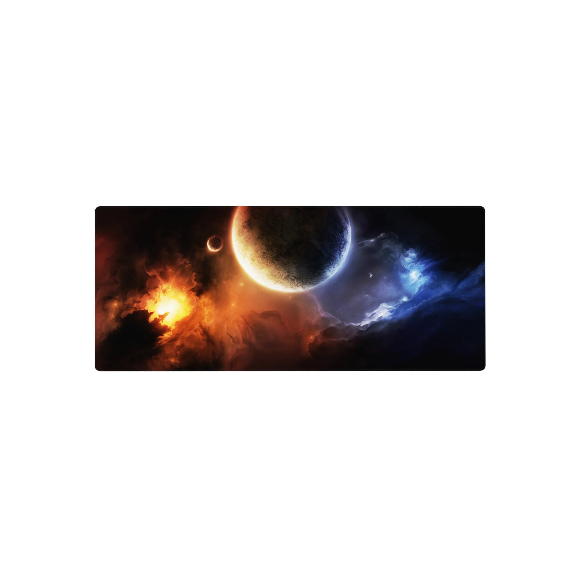 Space-themed desk mouse pad 28x12 inches with nebula glow, cratered planet, and swirling shadows.