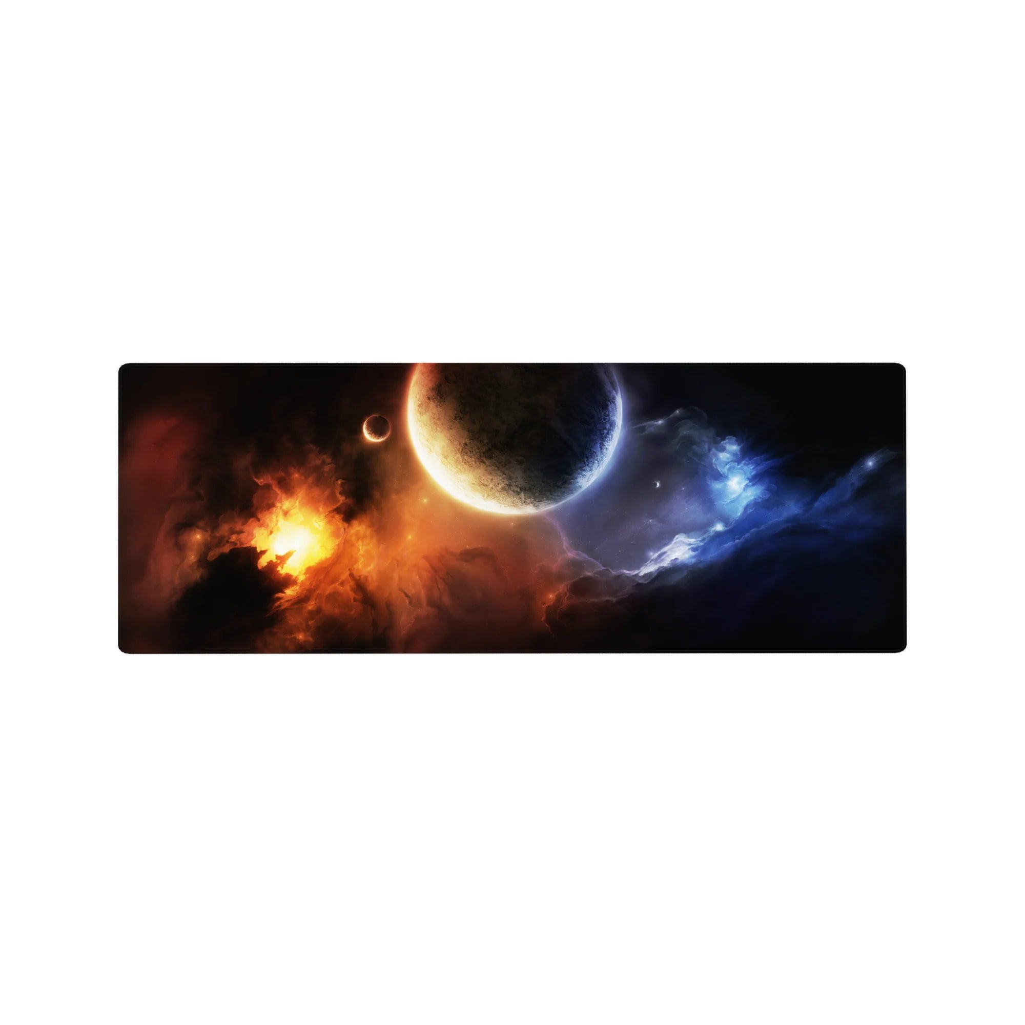 Space-themed 32x12 inches desk mouse pad with nebula glow, swirling shadows, and clean dark fade.