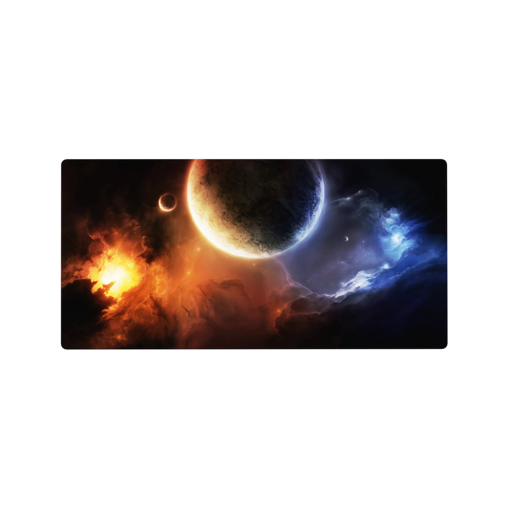 Cosmic desk mouse pad 32x16 inches with swirling nebula and cratered planet design.