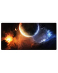 Cosmic desk mouse pad 32x16 inches with swirling nebula and cratered planet design.