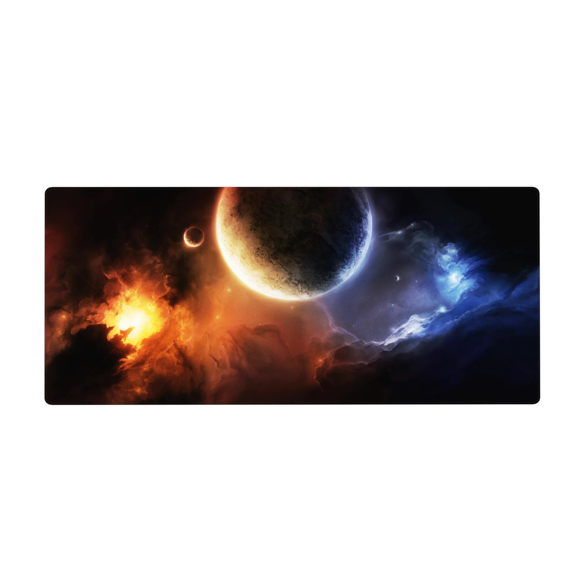 Space-themed desk pad 36x16 inches with swirling nebula, cratered planet, and clean black fade edge.