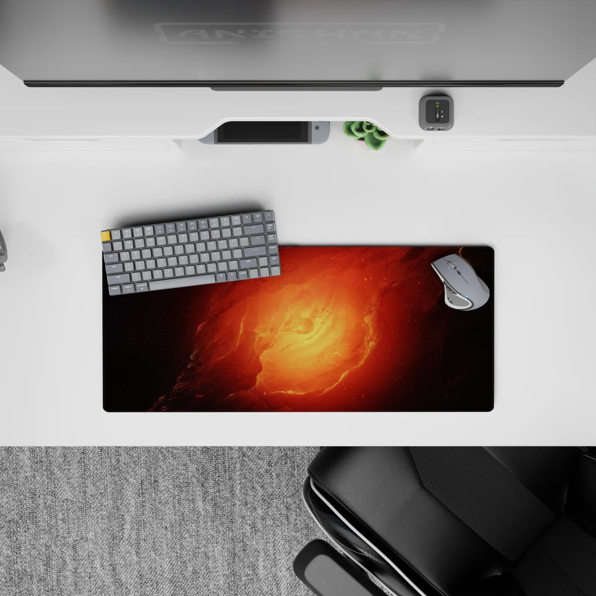 Warm fiery mouse pad 28x12 inches in molten orange and ember red with smoky shadowed edges.