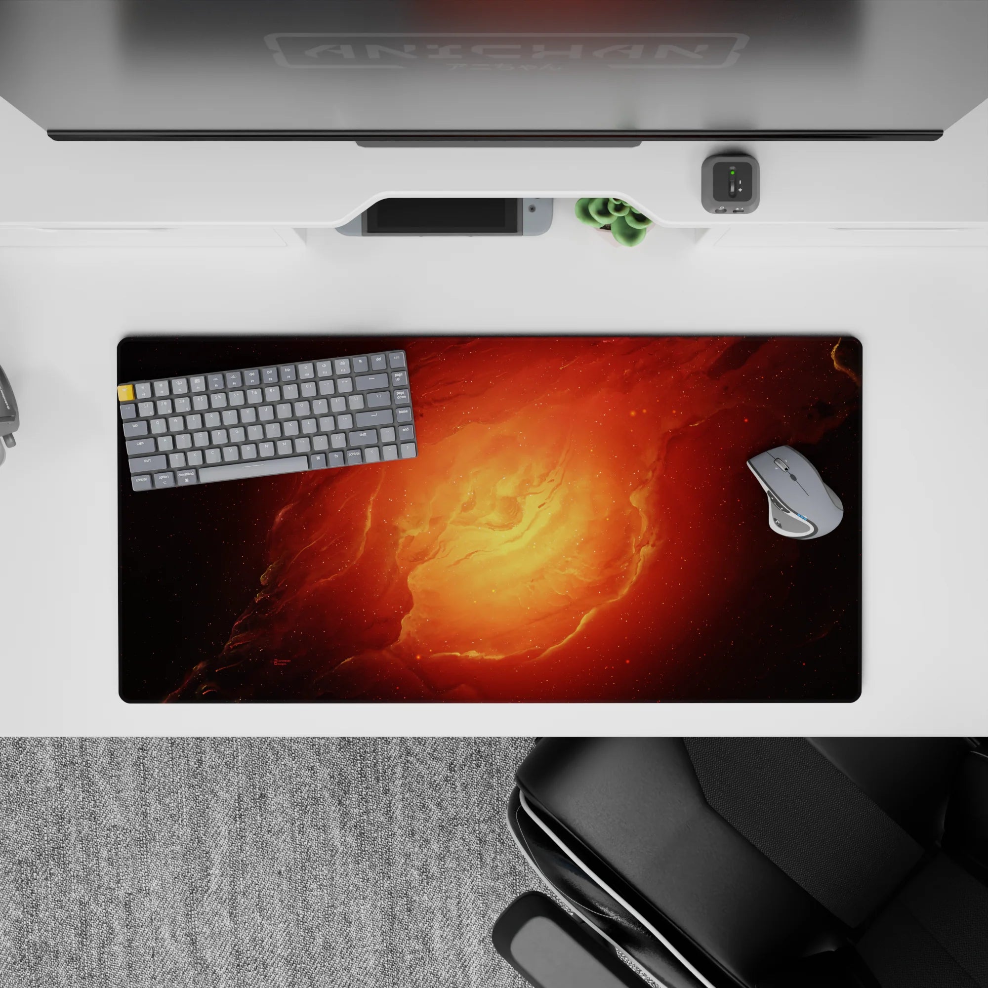 Warm fiery mouse pad 32x16 inches in molten orange and ember red fading into smoky edges.