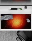 Warm fiery mouse pad 32x16 inches in molten orange and ember red fading into smoky edges.