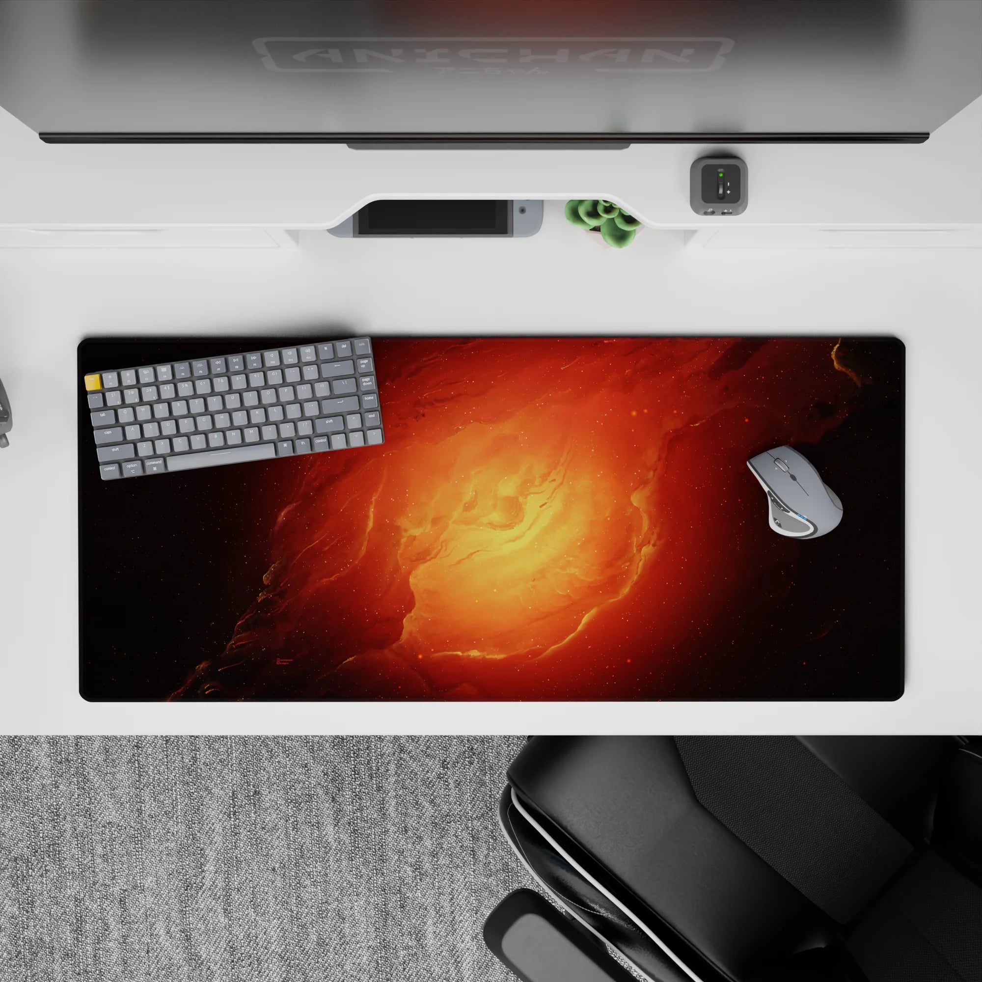 Fiery orange and ember red desk pad 36x16 inches with smoky shadows, warm cozy late-night vibe.