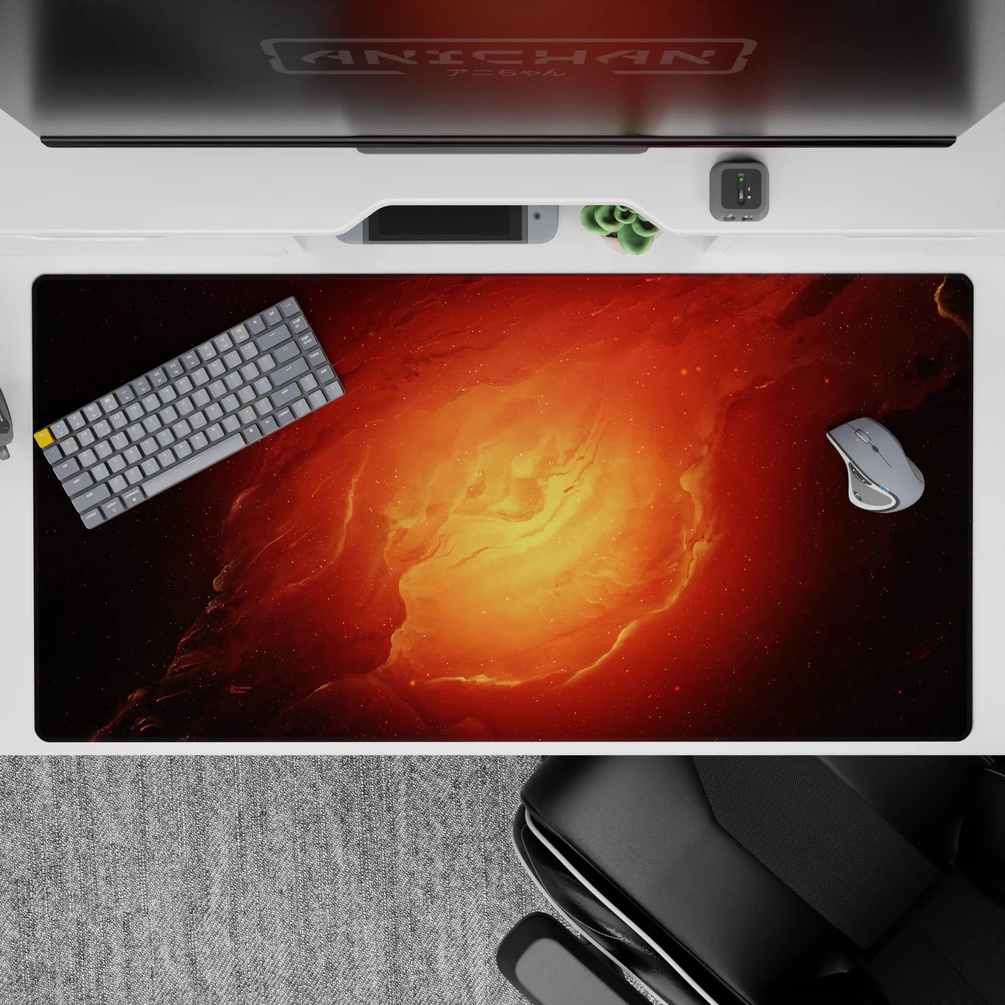 Warm ember red and molten orange desk pad 40x20 inches with a cozy fiery glow for gaming and work.