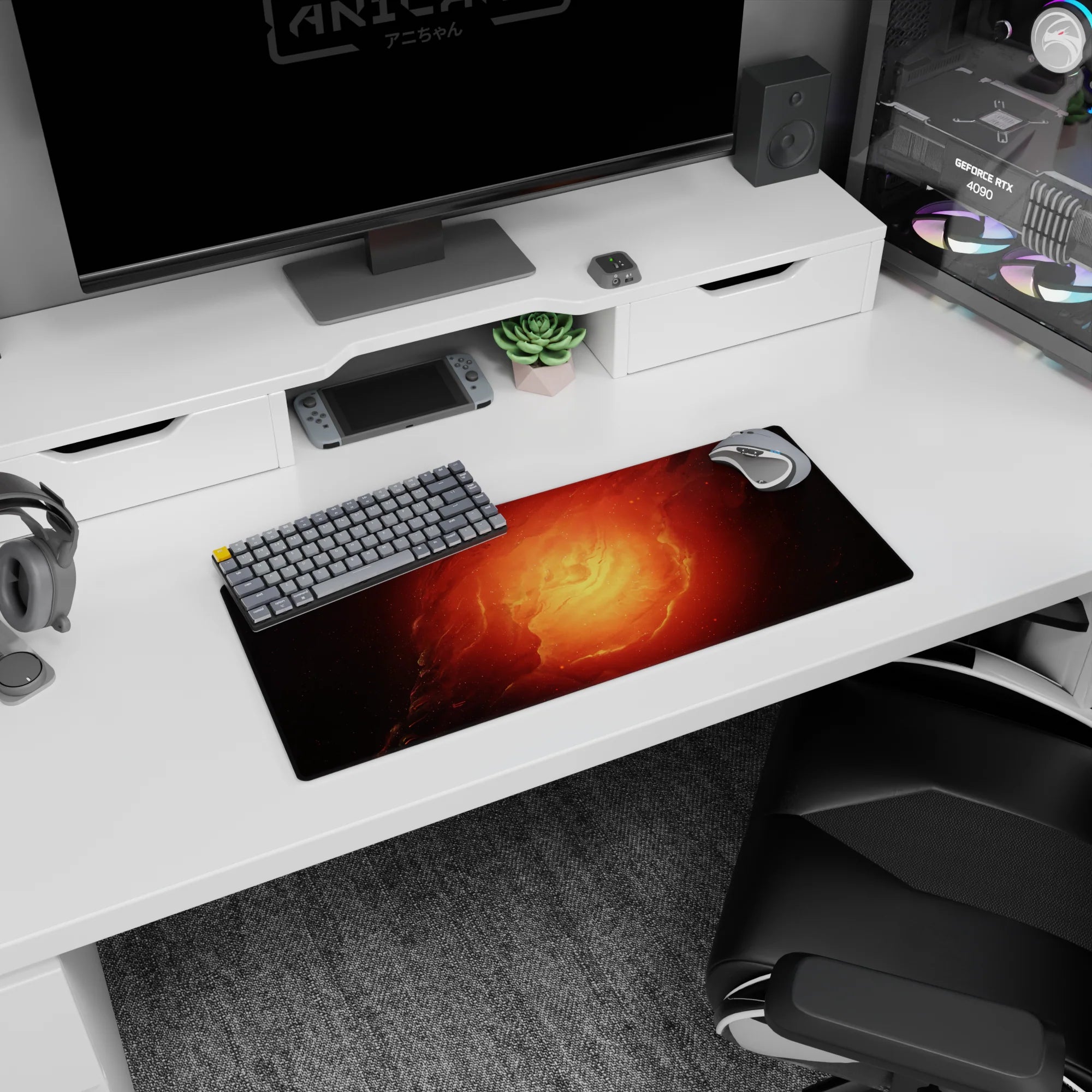 Spiral nebula scene mouse pad 28x12 inches featuring soft cloud rings and scattered starry specks.