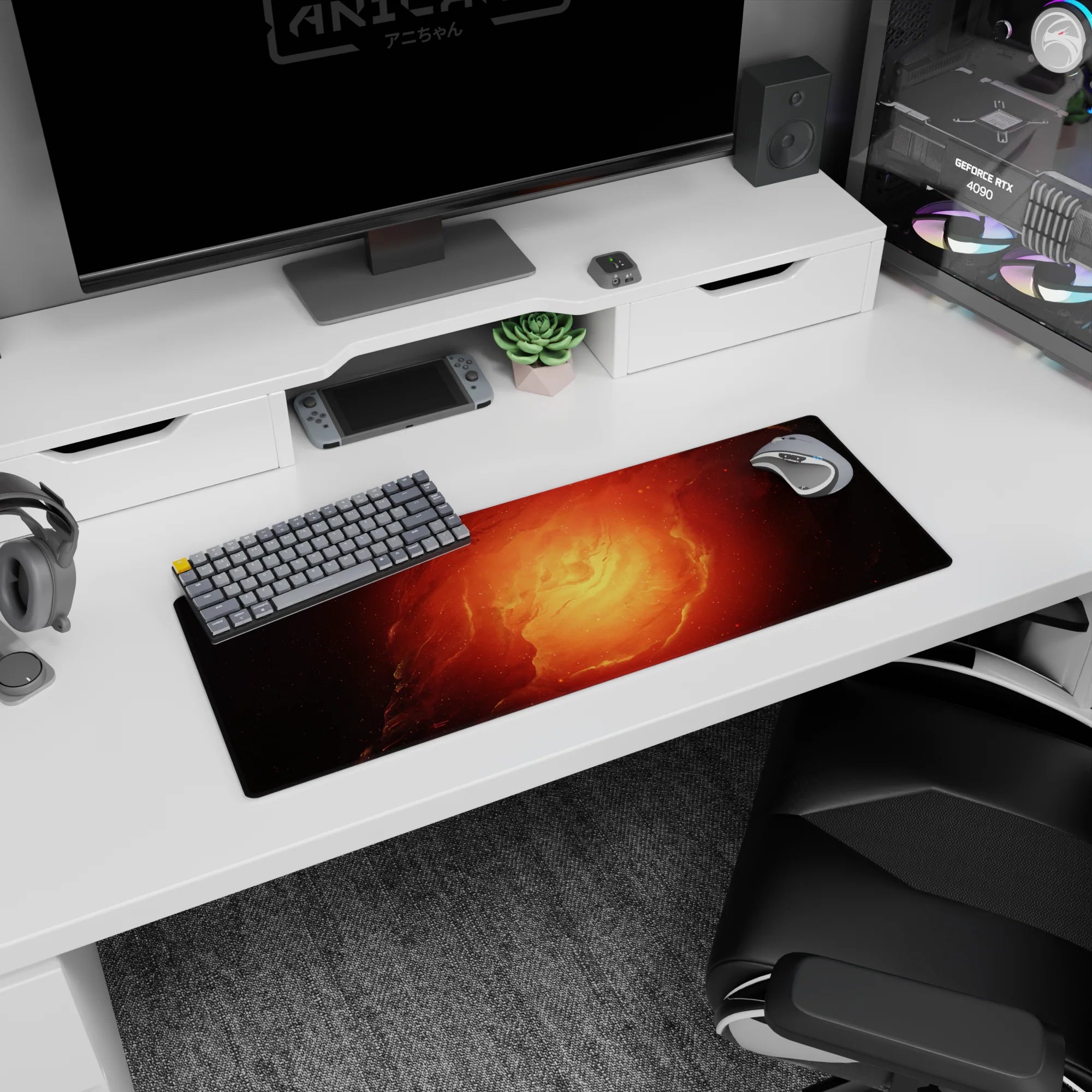 Spiraling cloud rings and starlight scene mouse pad 32x12 inches, like a tiny galaxy under your wrist.