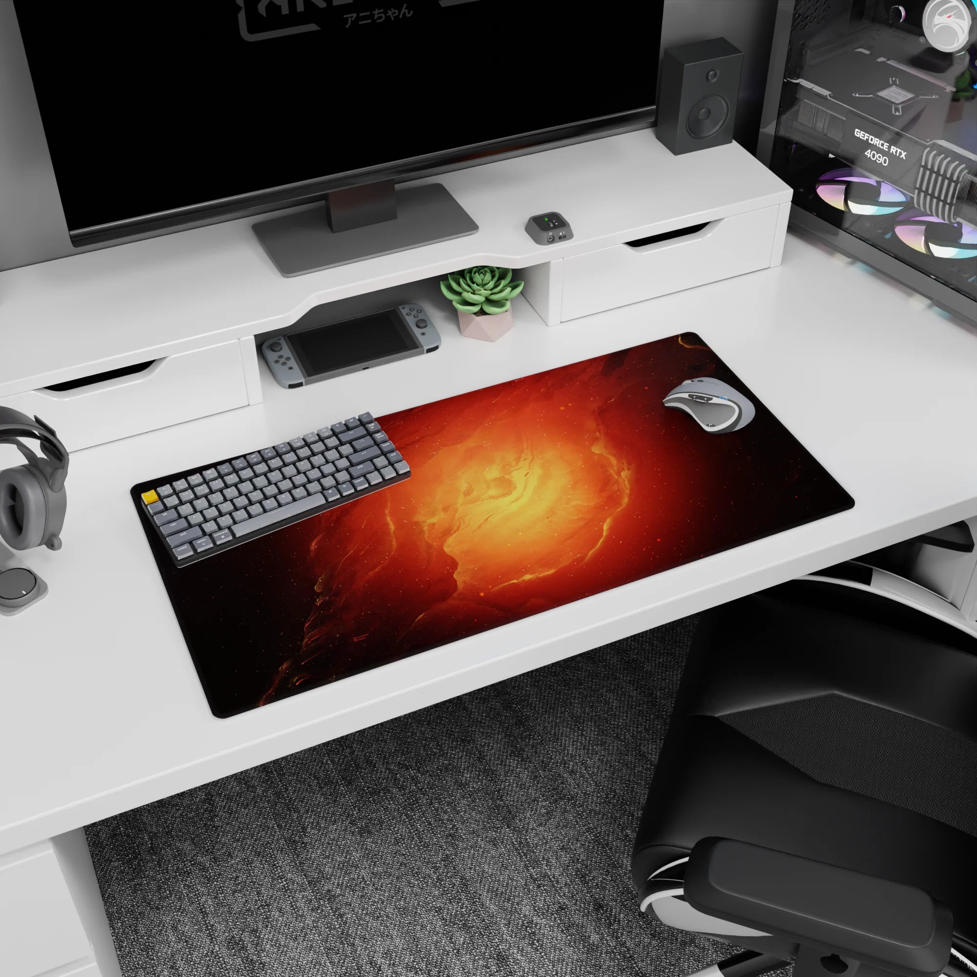 Spiral nebula scene mouse pad 32x16 inches with soft rings swirling inward and starry flecks.