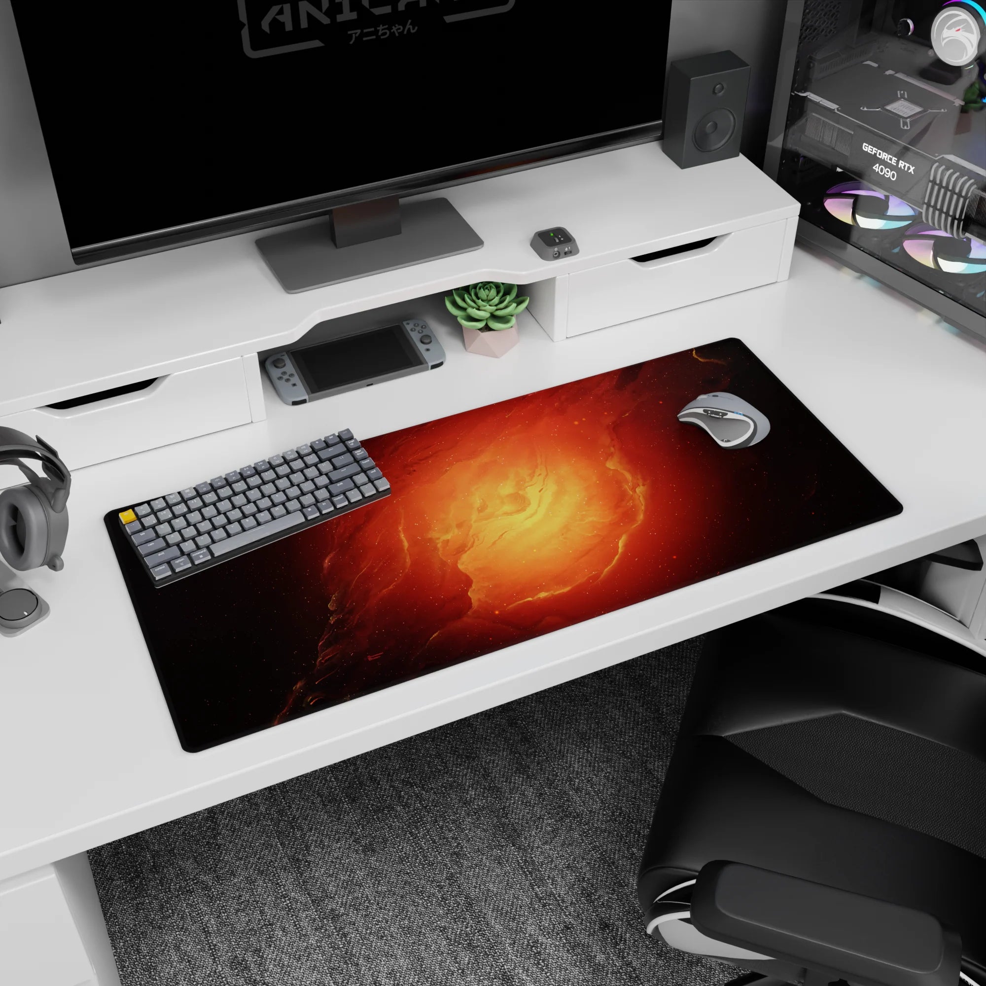 Spiraling nebula ring scene desk pad 36x16 inches with molten glow and scattered star-like specks.