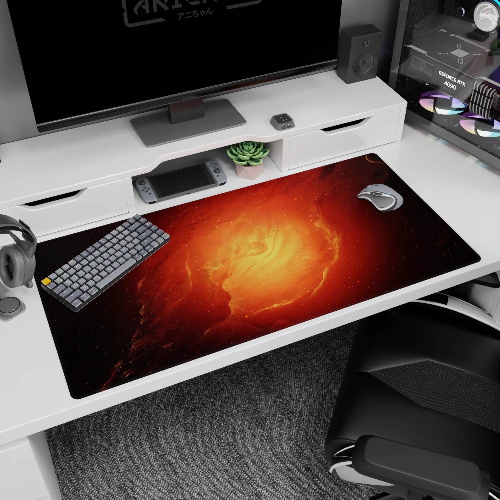 Spiral nebula scene desk pad 40x20 inches featuring soft rings swirling inward with scattered star dots.
