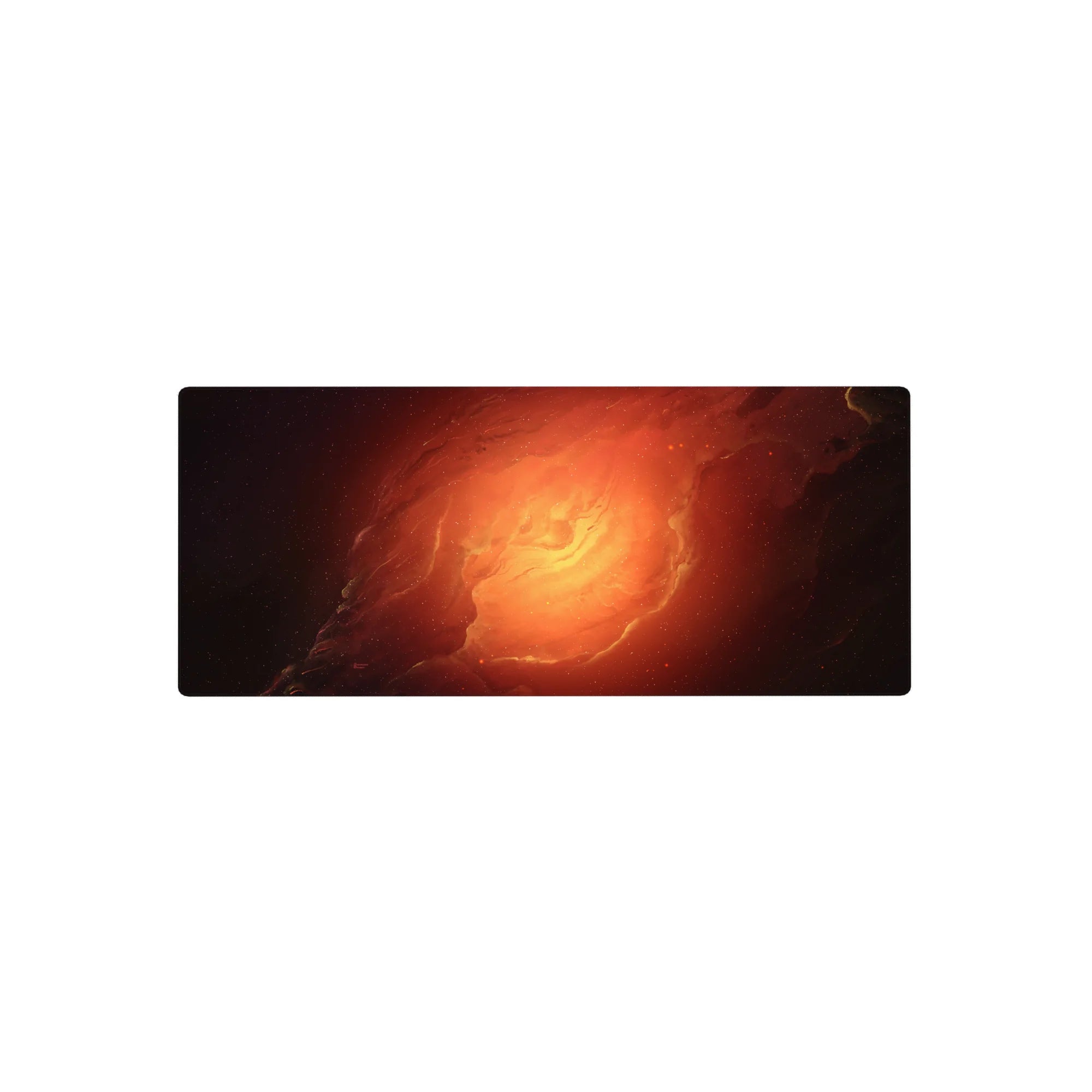 Galaxy swirl desk mouse pad 28x12 inches with cloud-like spiral rings and starlight specks.