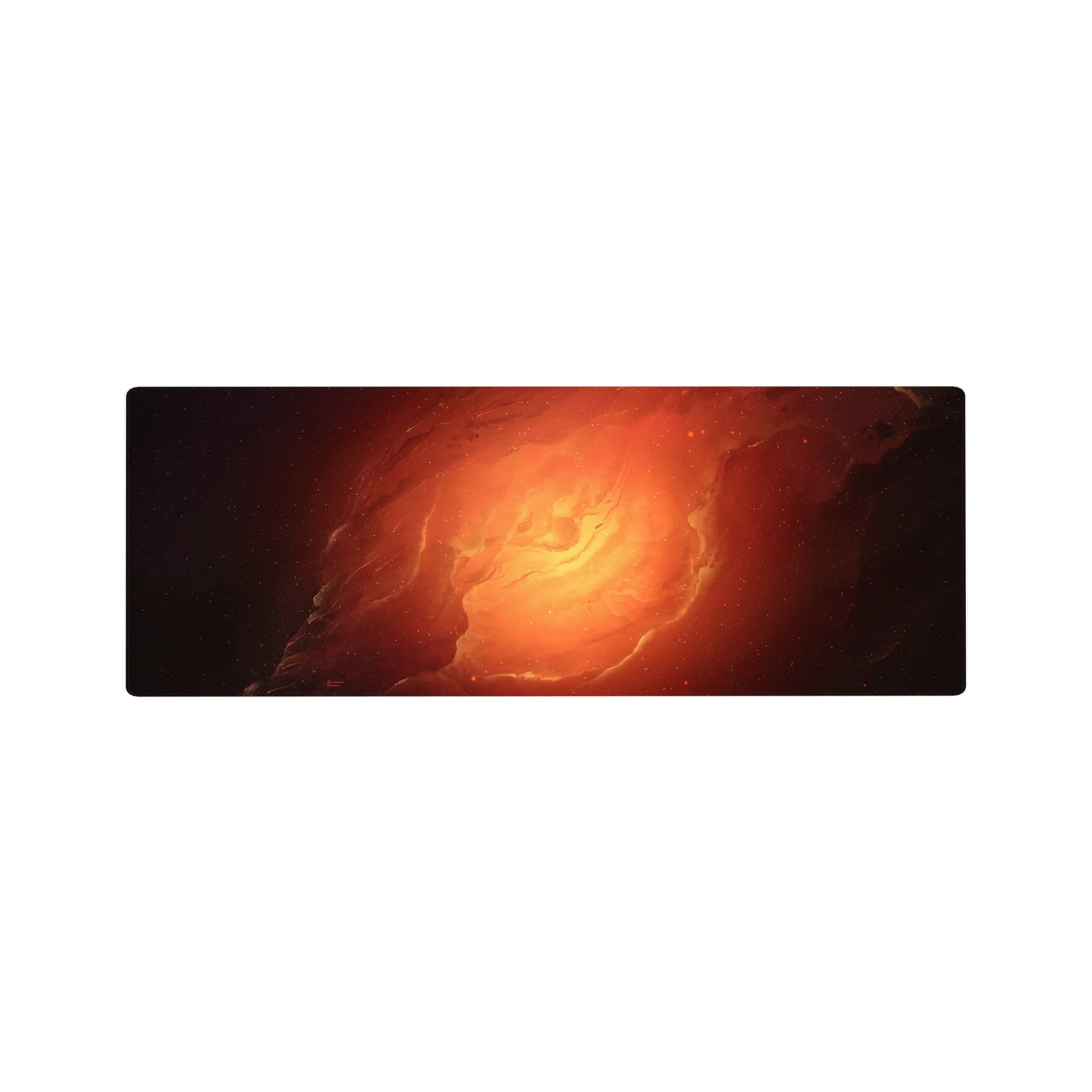 Galaxy swirl desk mouse pad 32x12 inches with cloud-like rings, smoky edges, and starlight specks.