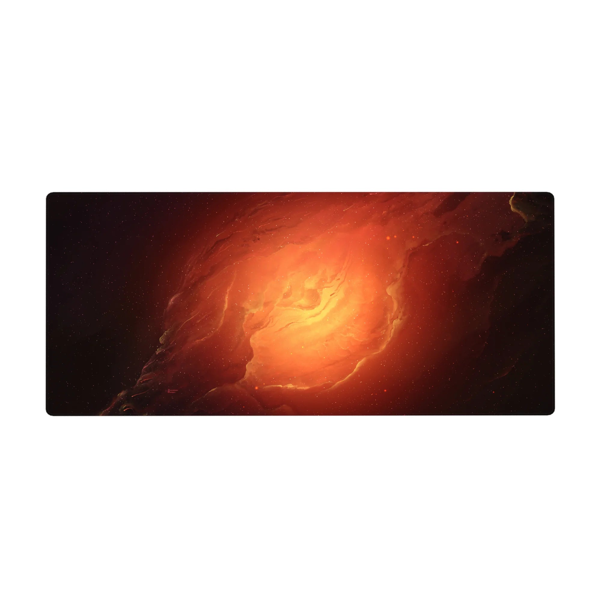 Galaxy swirl desk pad 36x16 inches with cloud-like rings and starlight specks on dark edges.