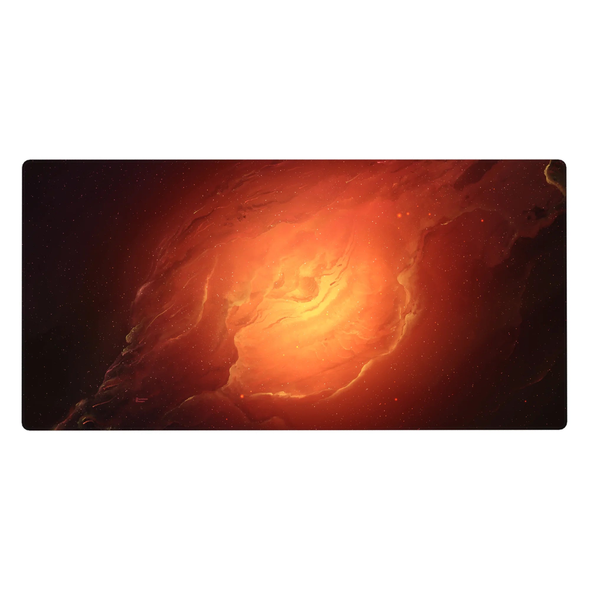 Galaxy swirl desk pad 40x20 inches with cloud-like rings and starlight specks on smoky edges.