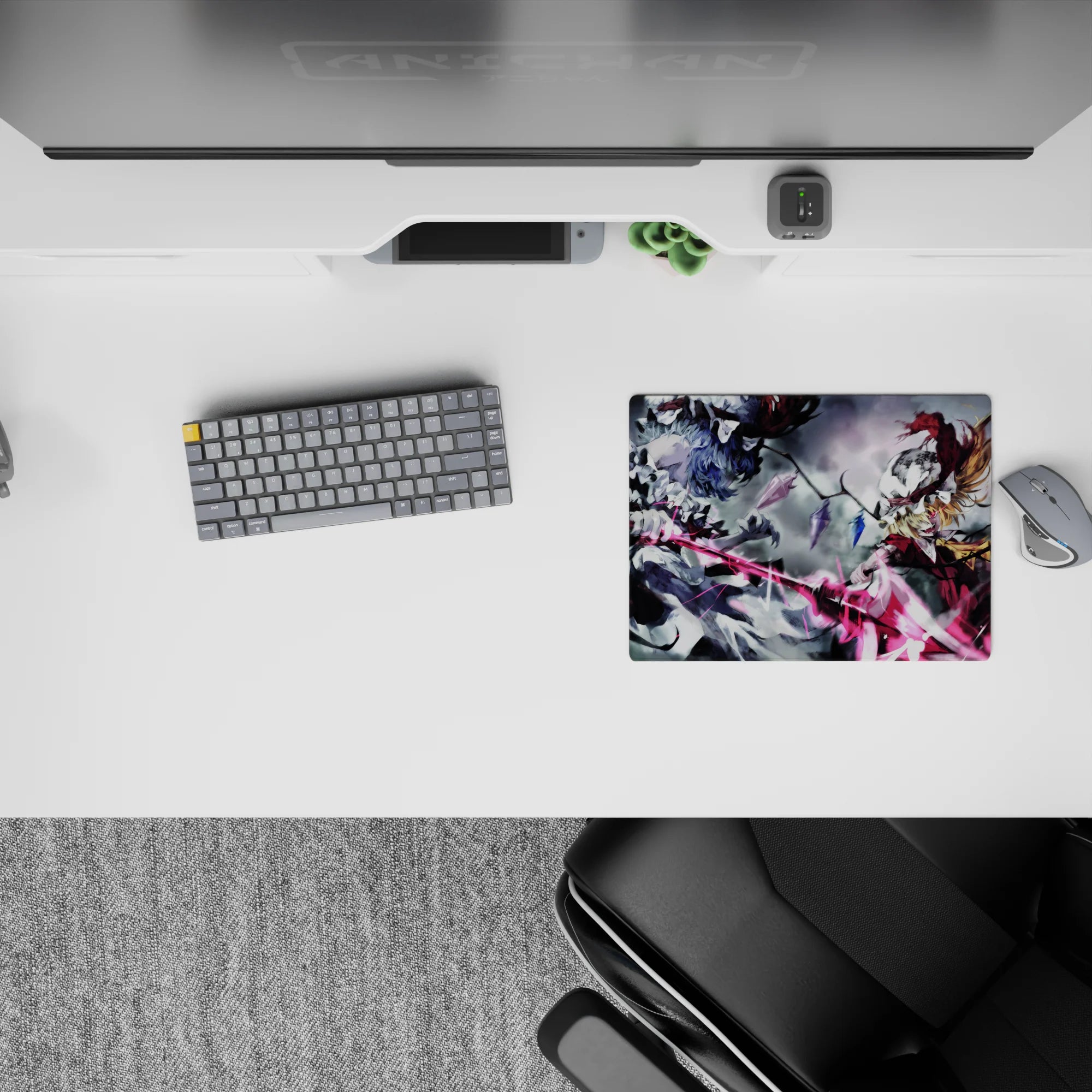 Classic anime mouse pad 14x10 inches in gray, black, and neon pink with fierce gothic energy.
