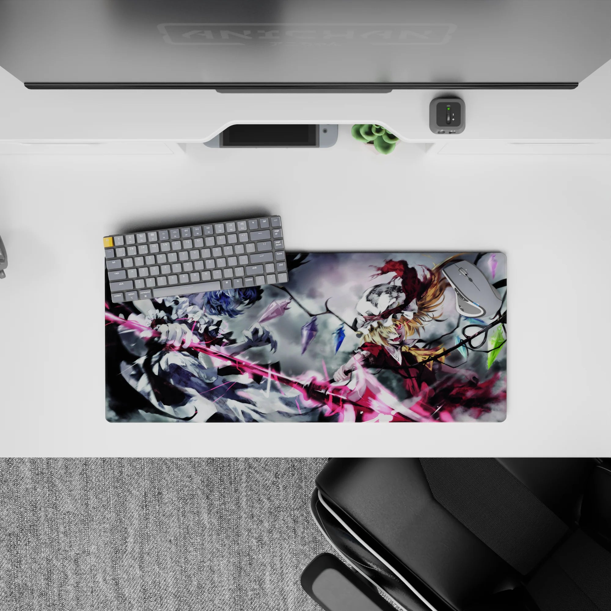 28x12 inches anime mouse pad in gray, black, and neon pink with fierce, electric gothic energy.