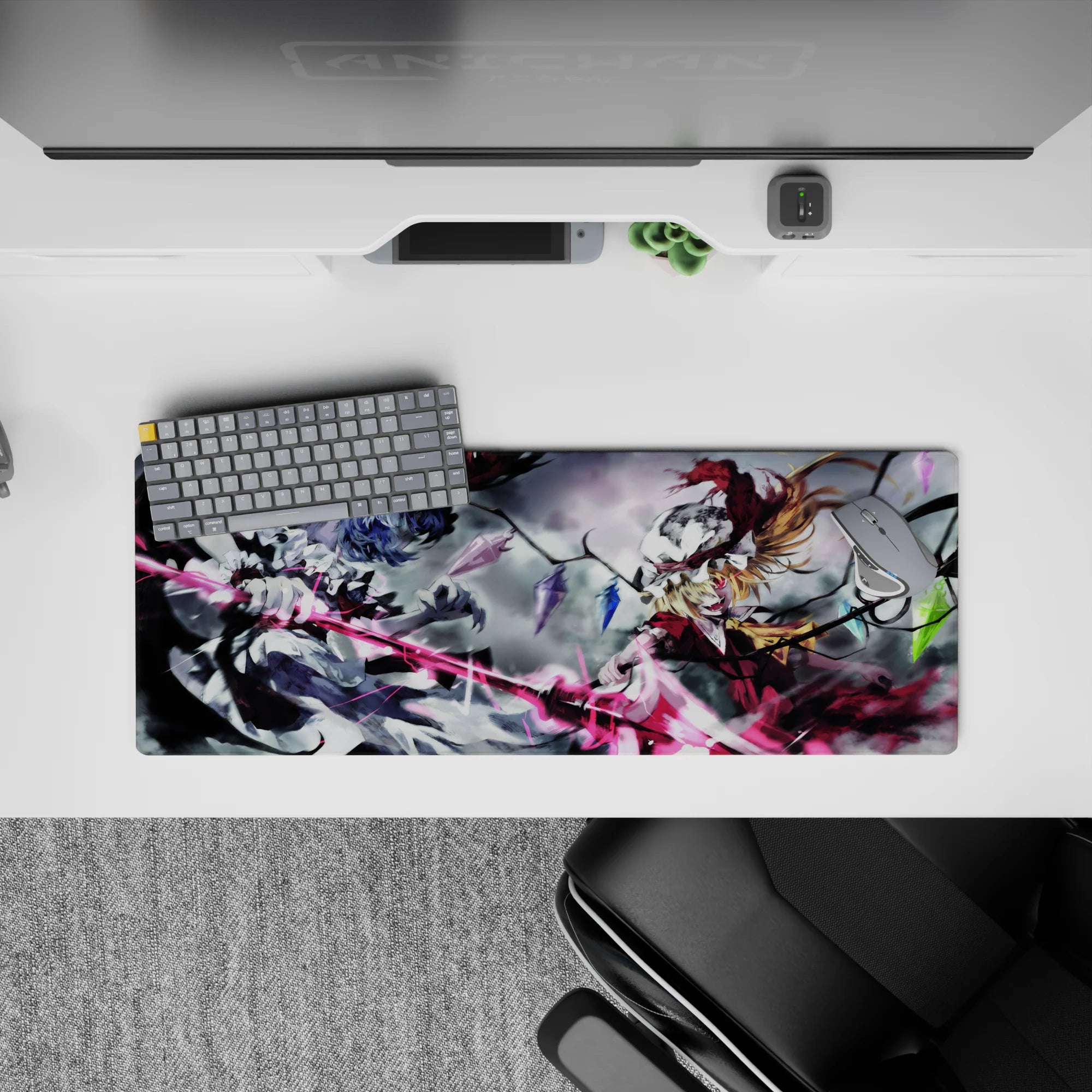 32x12 inches anime mouse pad in gray, black, and neon pink with fierce gothic energy and crystal shards.