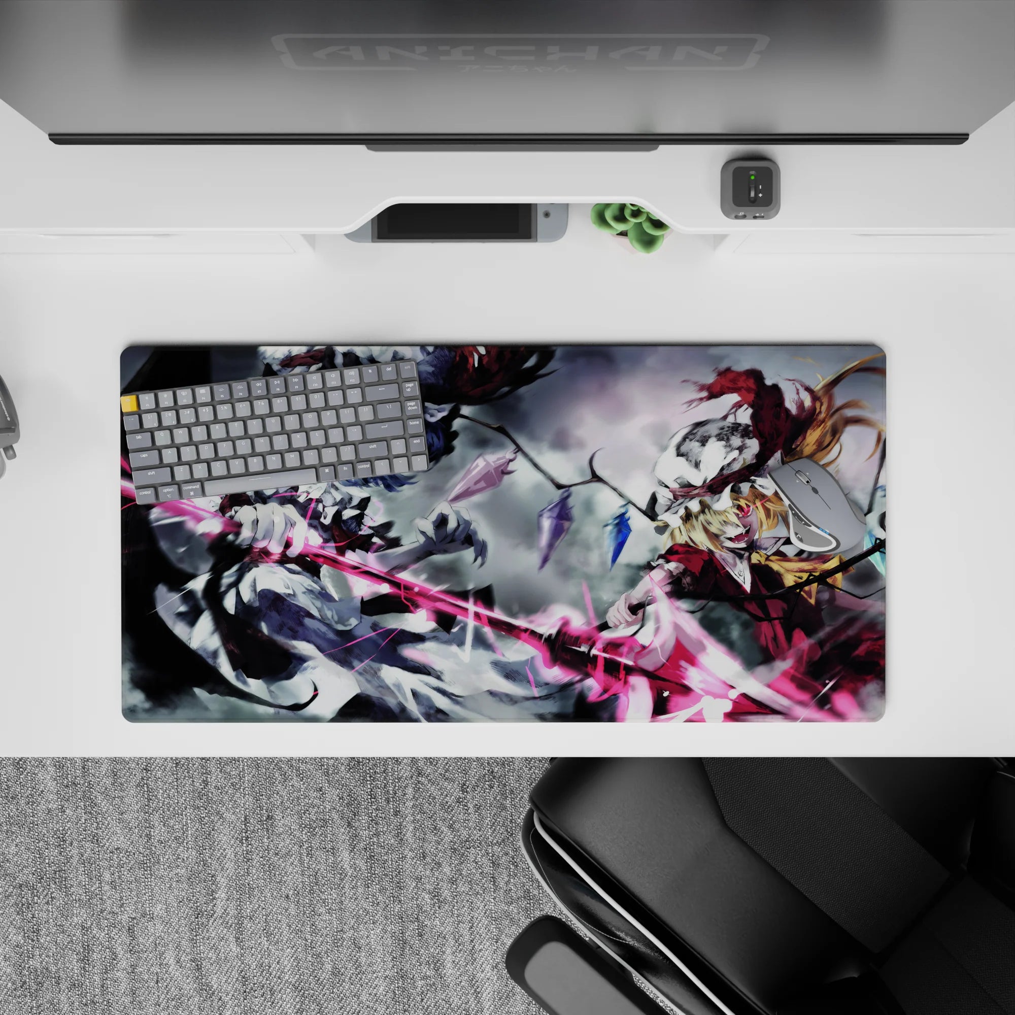 32x16 inches anime mouse pad in gray, black, and neon pink with fierce gothic energy.