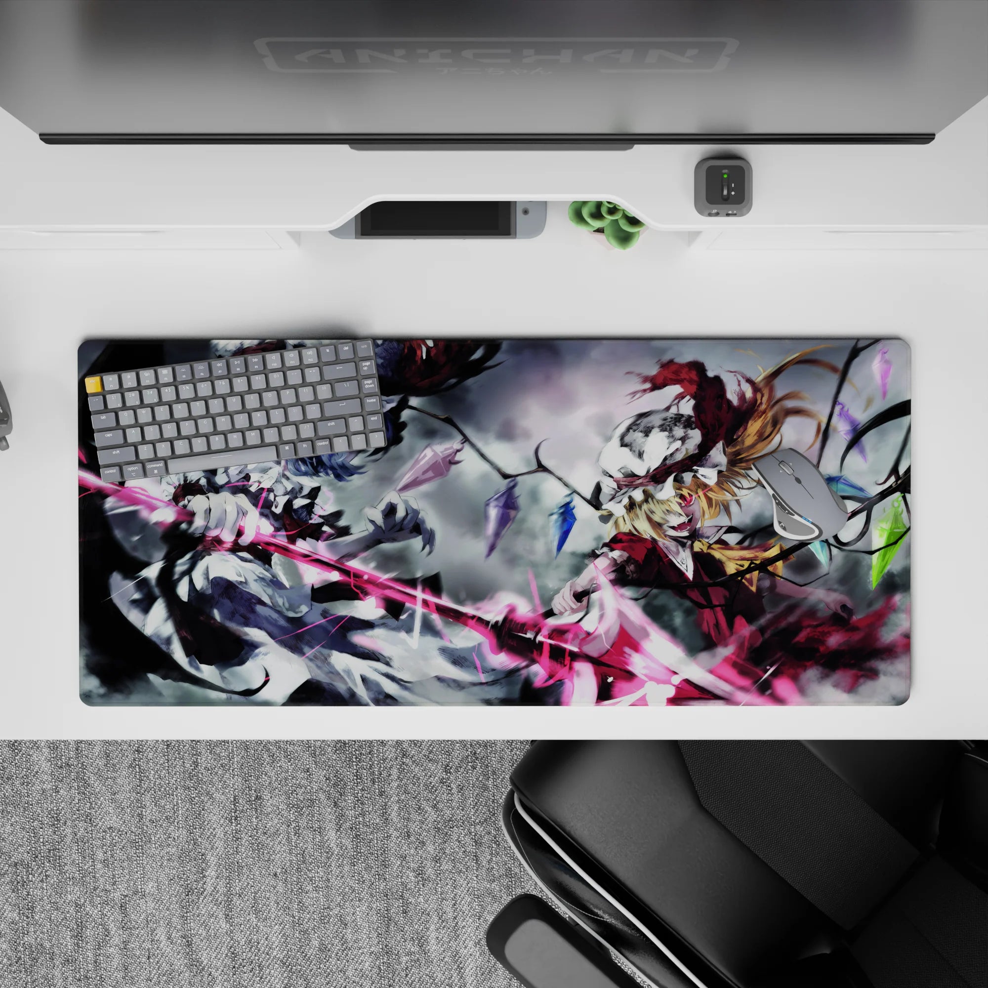 Anime desk pad 36x16 inches in gothic gray, black, and neon pink with fierce, electric energy.