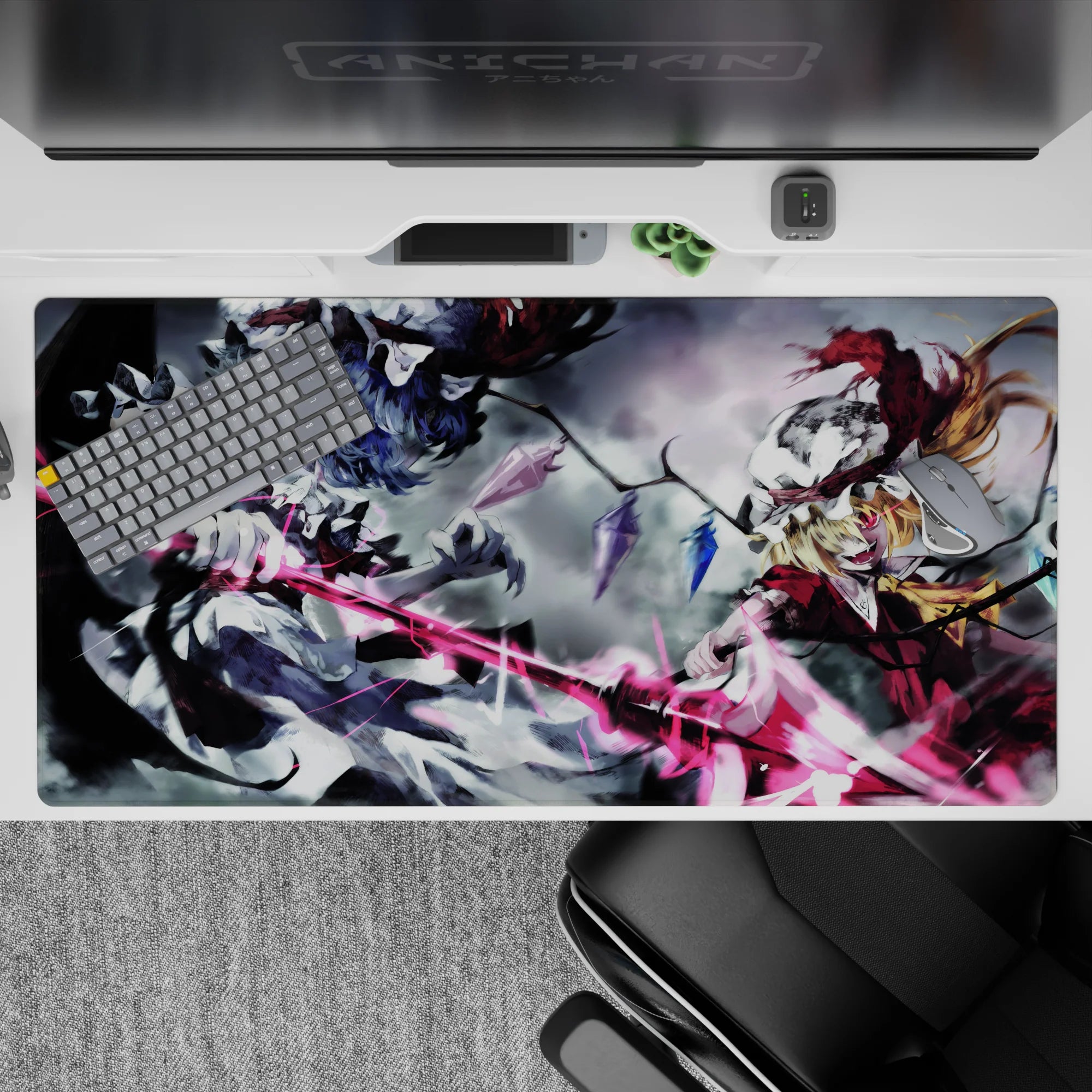 40x20 inches anime desk pad in gray, black, and neon pink with chaotic gothic energy and crystal shards.