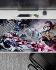 40x20 inches anime desk pad in gray, black, and neon pink with chaotic gothic energy and crystal shards.