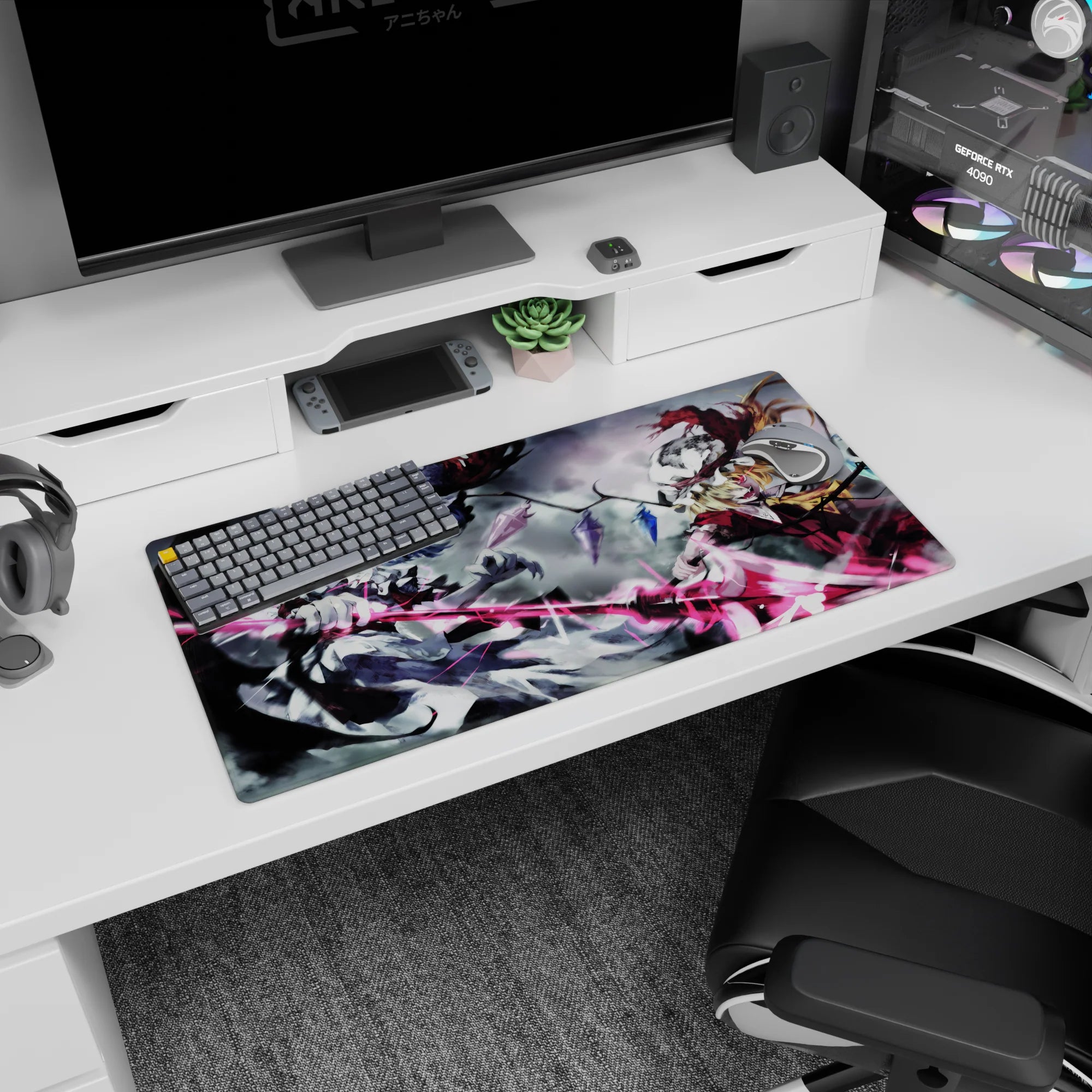 32x16 inches Touhou anime mouse pad featuring Remilia and Flandre Scarlet in a stormy clash.