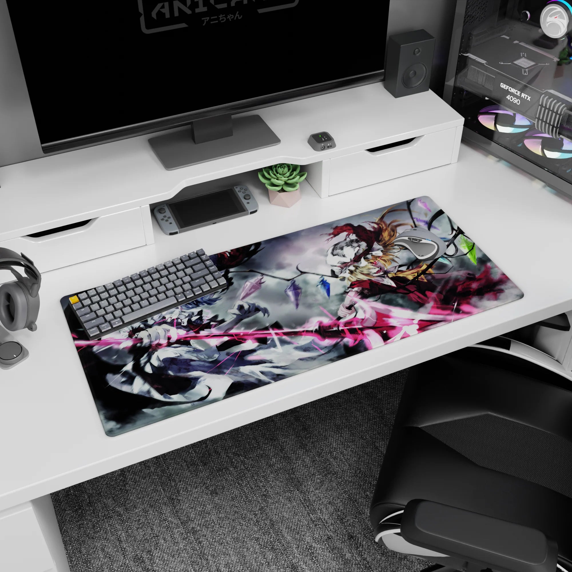Remilia and Flandre Scarlet anime desk pad 36x16 inches racing through a storm with wild gothic chaos.