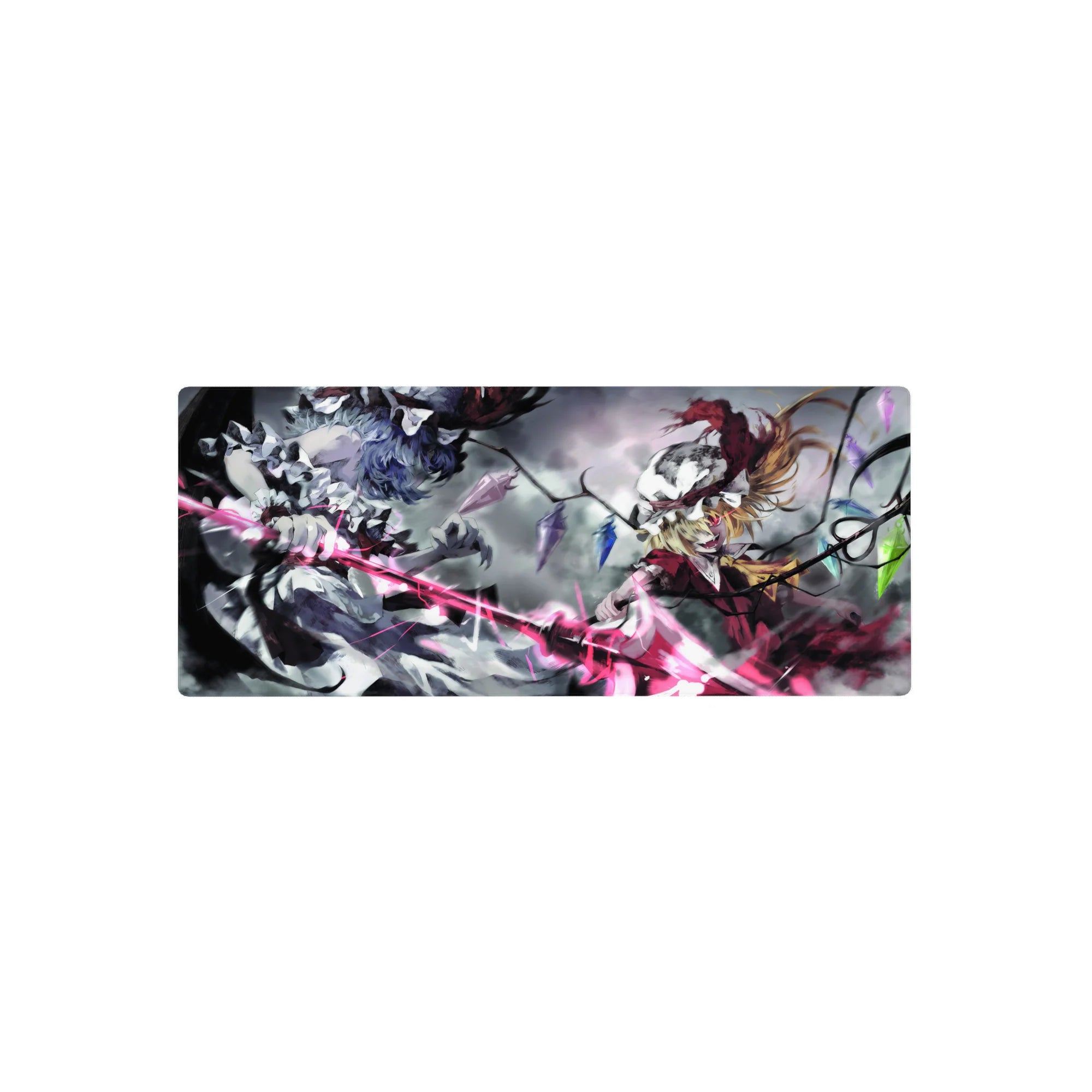 28x12 inches anime mouse pad with gothic Touhou duo, black wings, crystal shards, and stormy sky.